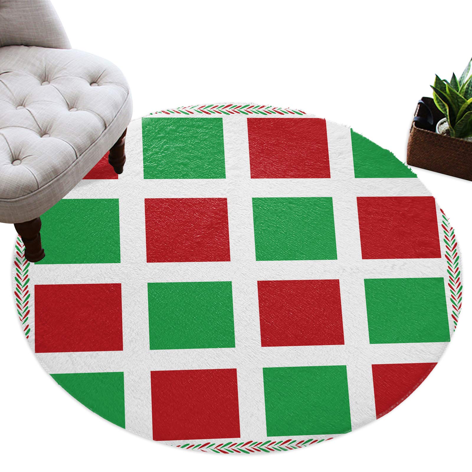 Super Soft Christmas Red Green Plaid Round Area Rug - 3' Diameter Plush Indoor Carpet for Bedroom, Living Room & Dorm | Durable Cozy Play Mat for Holiday Decor, Kids Room & Home Comfort