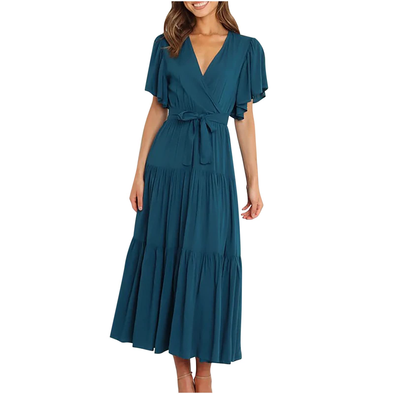 Dovford Women's Summer Ruffle Short Sleeve Wrap Dress with Tie Belt - Elegant Solid A-Line Swing Dress for Wedding Guest, Party, Beach Vacation & Casual Wear