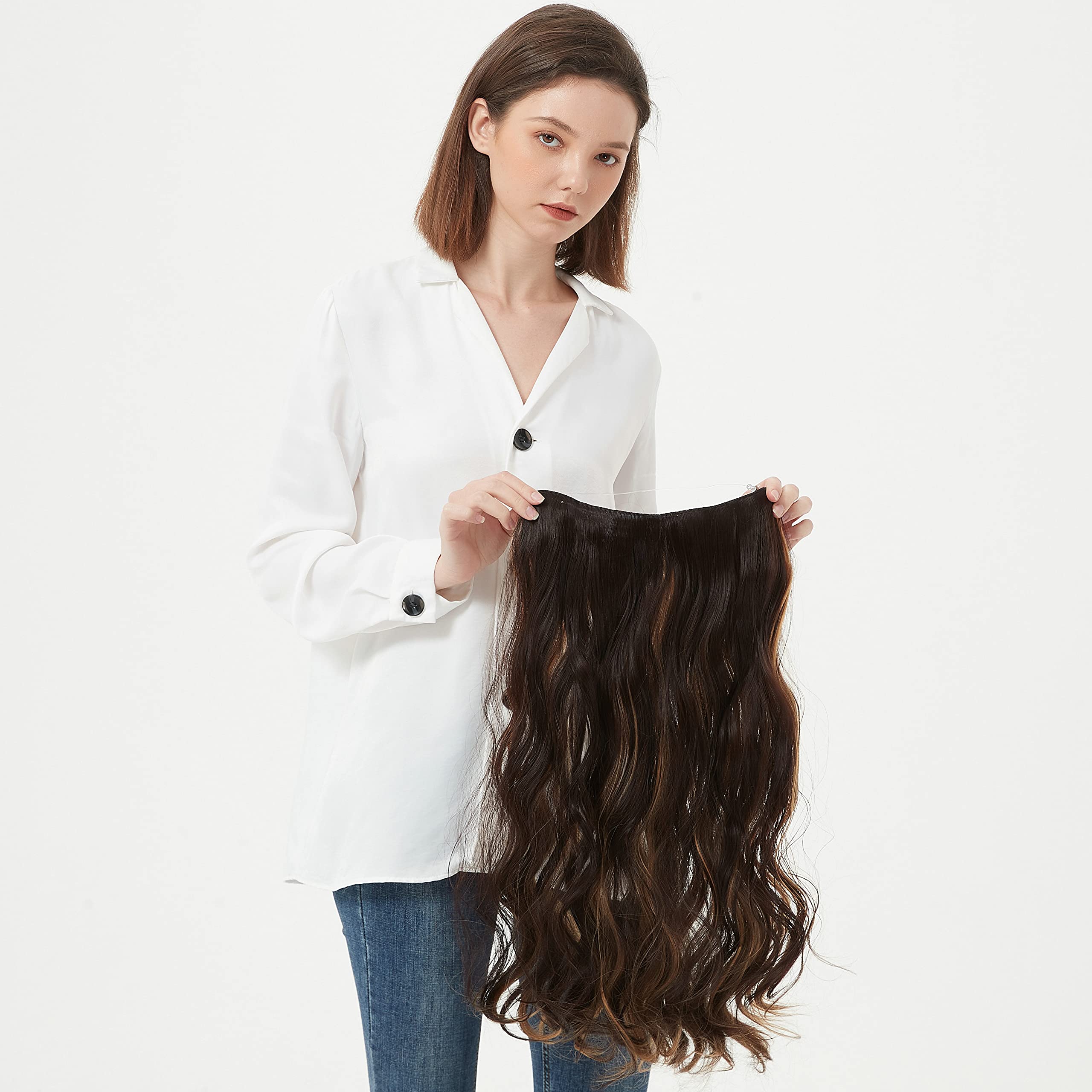 Invisible Wire Hair Extensions - Transparent Adjustable Hairpiece with 4 Secure Clips | 14 Inch Long Wavy Curly Human Hair for Women | Perfect for Parties, Weddings & Daily Styling