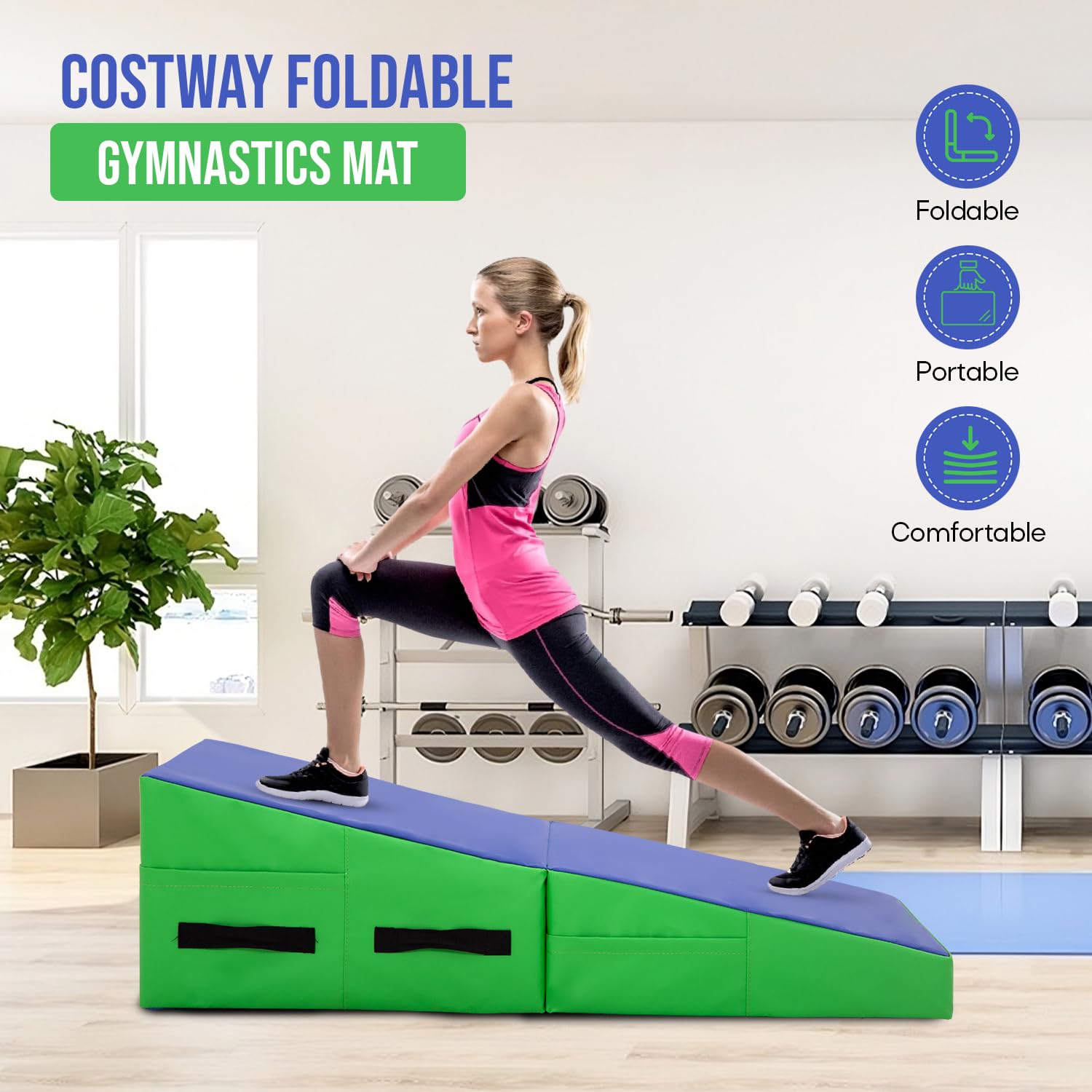 Non-Slip PU Folding Gymnastics Incline Mat - Wedge Cheese Tumbling & Yoga Exercise Mat for Home Gym with Handles | Perfect for Gymnastics Training, Yoga Practice & Home Workouts