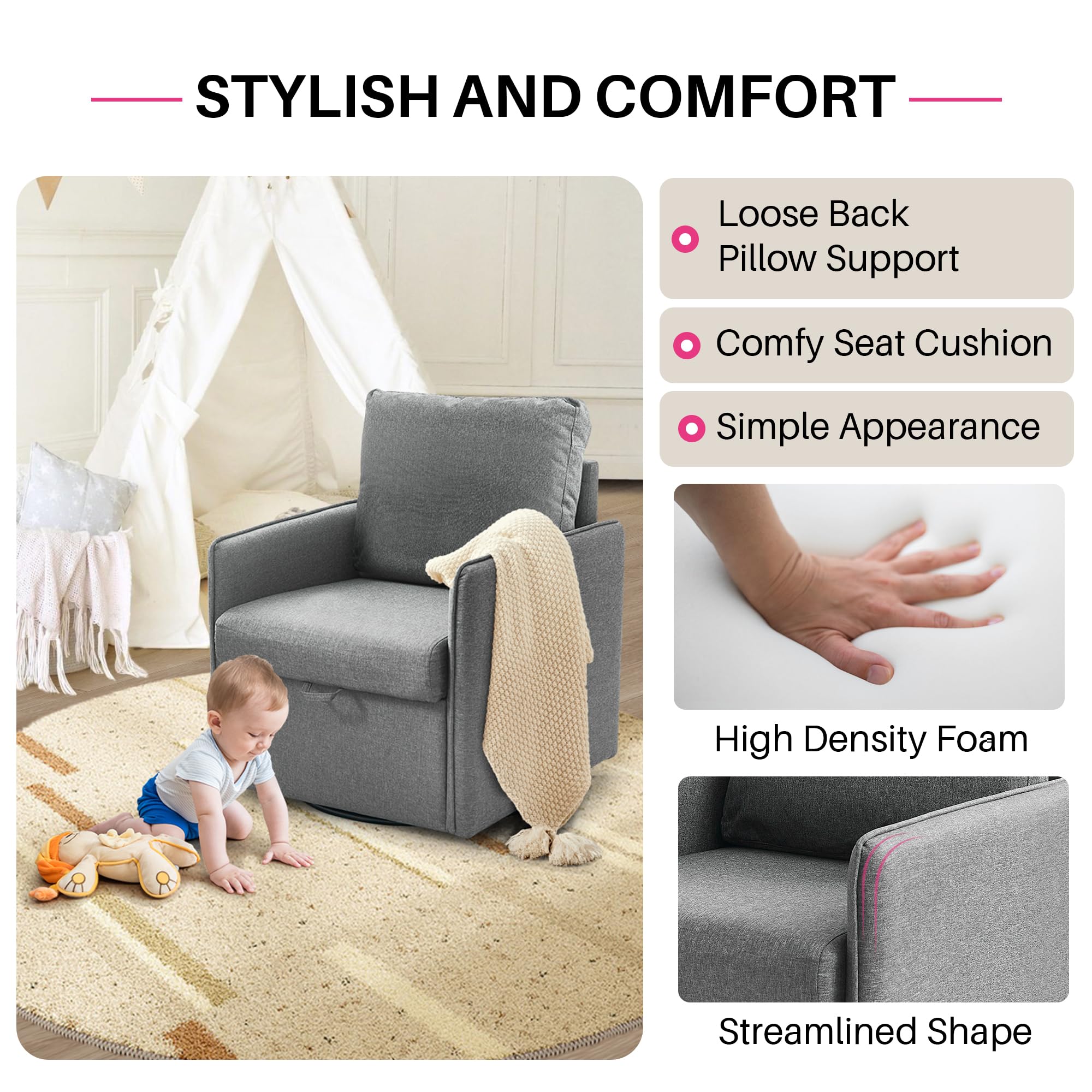 Redlife 360° Swivel Accent Chair Set of 2 with Storage - Mid Century Modern Upholstered Fabric Lounge Chairs for Living Room, Bedroom, Office (Gray) - Perfect for Small Spaces, Reading Nooks & Home Decor