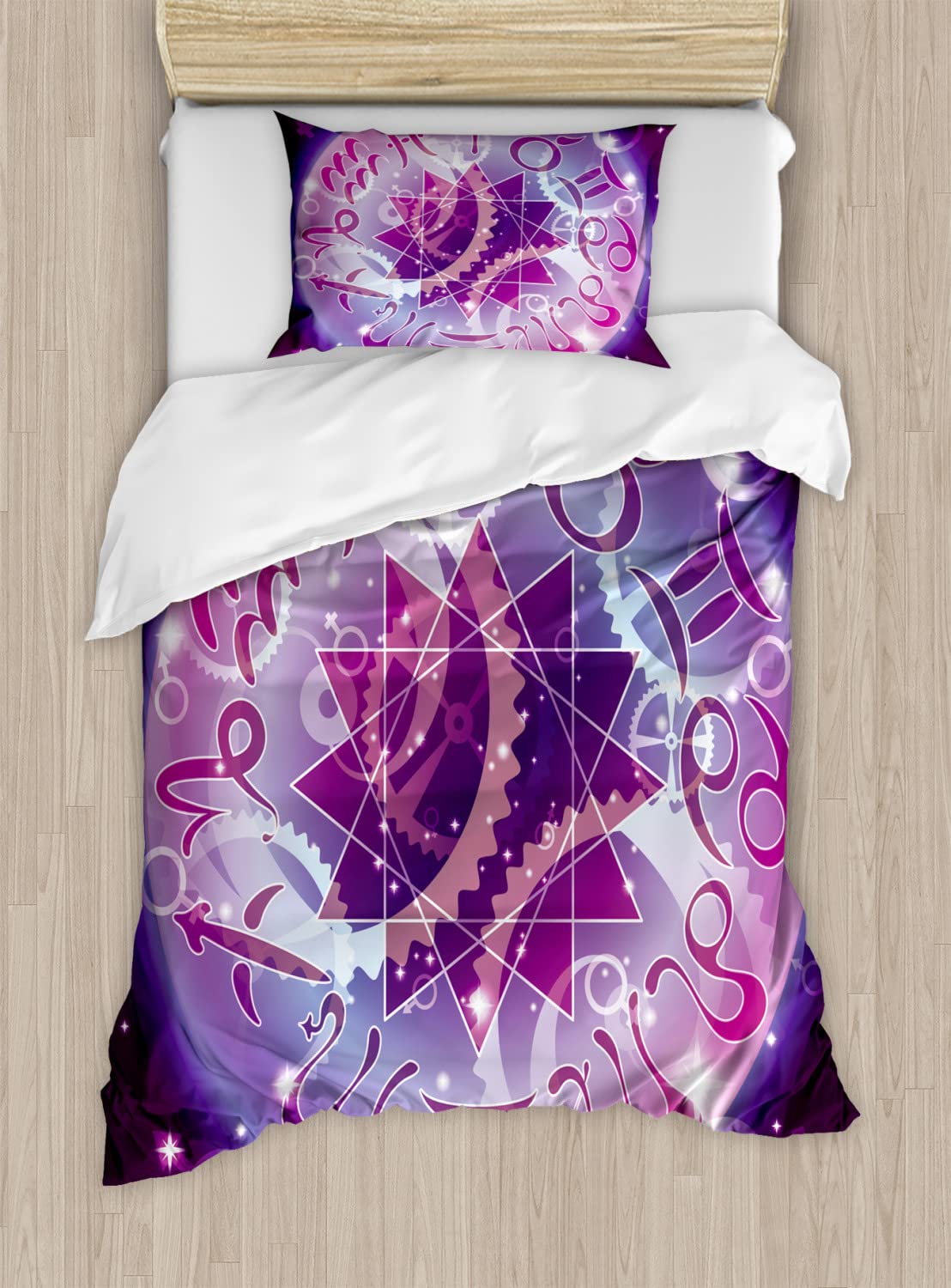 Ambesonne Astrology Duvet Cover Set - Zodiac Circle in Space with Abstract Gender Signs & Star Design, Twin Size 2-Pack (Purple & Pale Blue) | Includes 2 Duvet Covers & 2 Pillowcases | Perfect for Teen Bedrooms, Dorm Decor & Celestial-Themed Home Styling