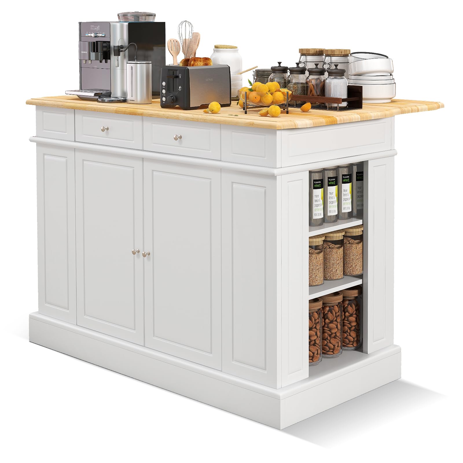 White Kitchen Island with Drop Leaf & Storage - Rubber Wood Breakfast Bar, 2 Drawers, Adjustable Shelves & Spice Racks | Perfect for Small Kitchens, Dining Rooms & Home Offices | Space-Saving Stationary Island Table for Meal Prep & Entertaining