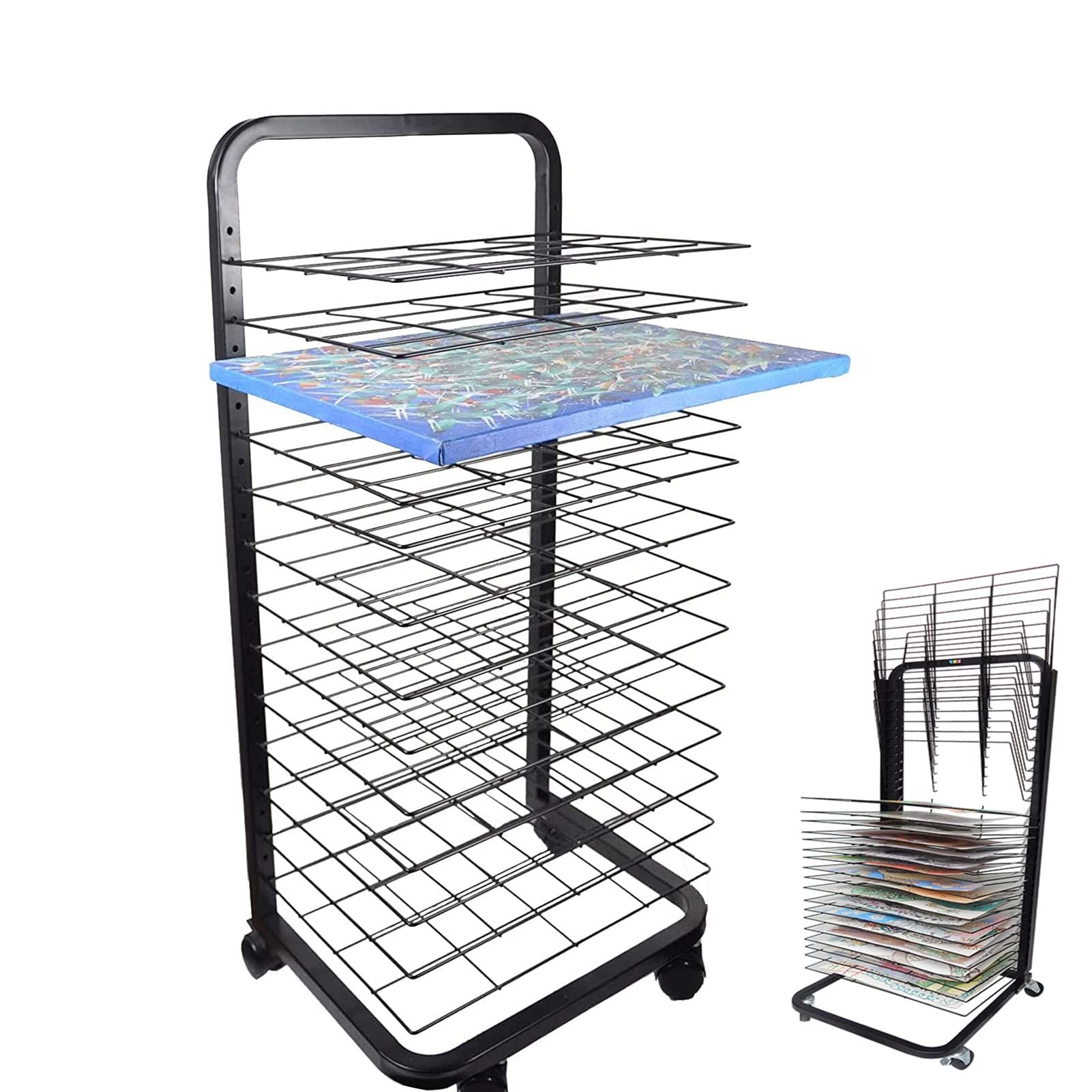20-Shelf Mobile Drying Rack with Wire Shelves - Heavy Duty Art Studio & Classroom Drying Rack for Paintings, Drawings & Educational Projects - Black Powder Coated Finish - Perfect for Art Studios, Schools & Craft Rooms