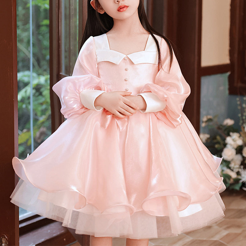 Pink Organza A-Line Flower Girl Dress with Lantern Sleeves - Elegant Princess Gown for Weddings, Baptisms & Special Occasions