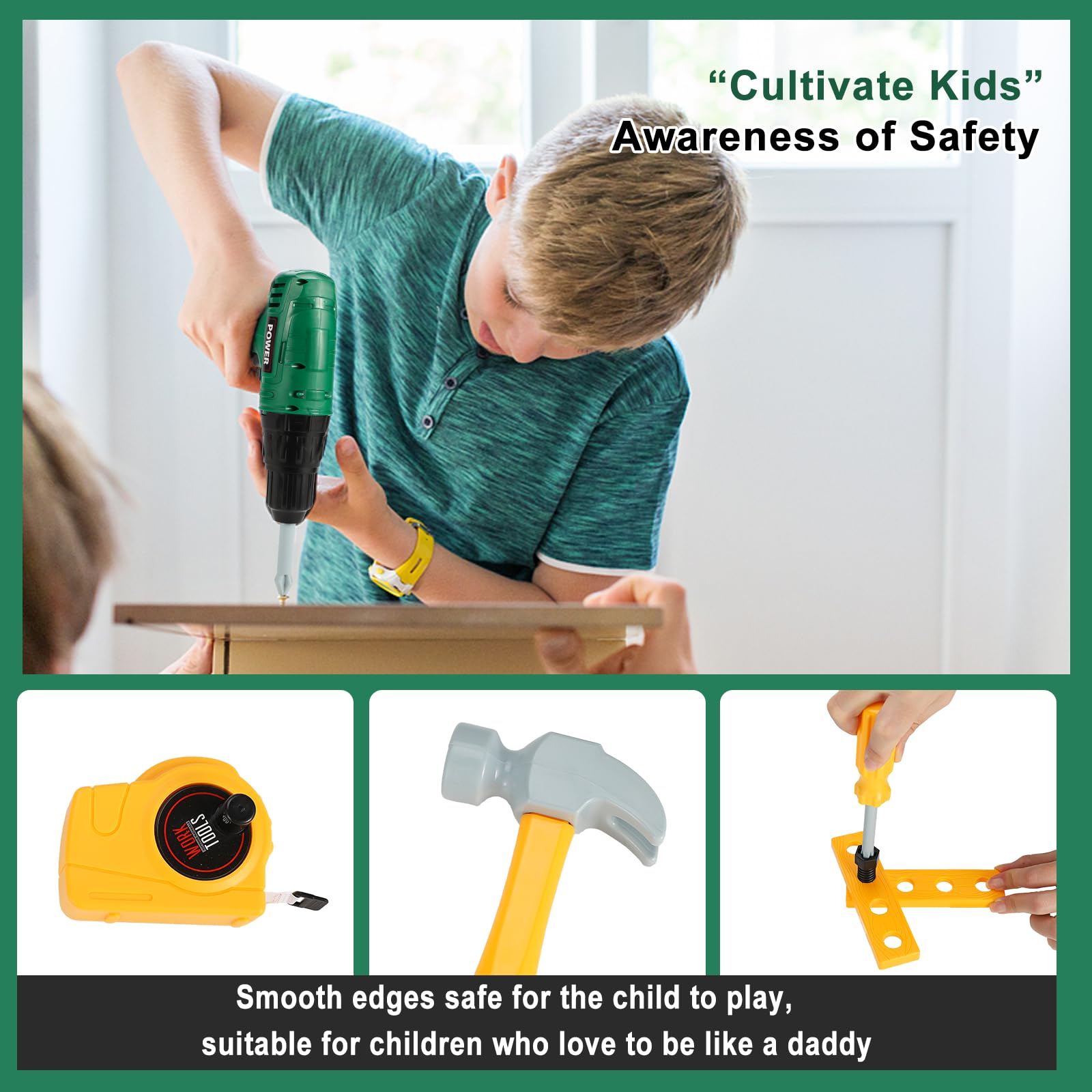 Mathea Kids Tool Set - Pretend Play Construction Toys for Boys & Girls Ages 3-6 with Electronic Drill & Chainsaw - STEM Learning Toys for Toddlers - Perfect for Birthday Gifts & Role Play Activities