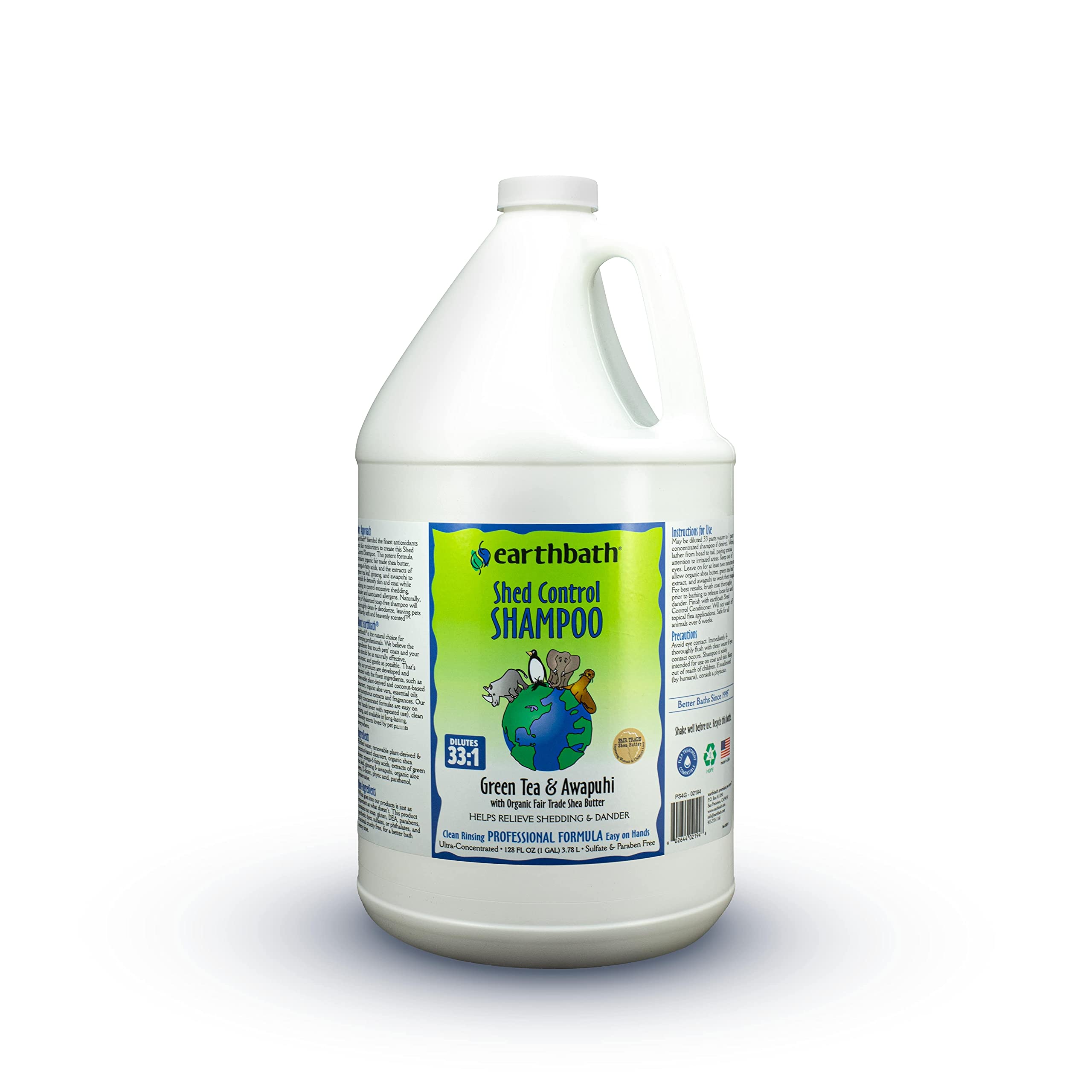 Earthbath Green Tea & Awapuhi Shed Control Dog Shampoo - Cruelty Free, Hypoallergenic Formula for Shedding & Dander Relief - Gentle Pet Wash Made in USA - 128oz Dog Bathing Supplies for Regular Grooming & Coat Maintenance