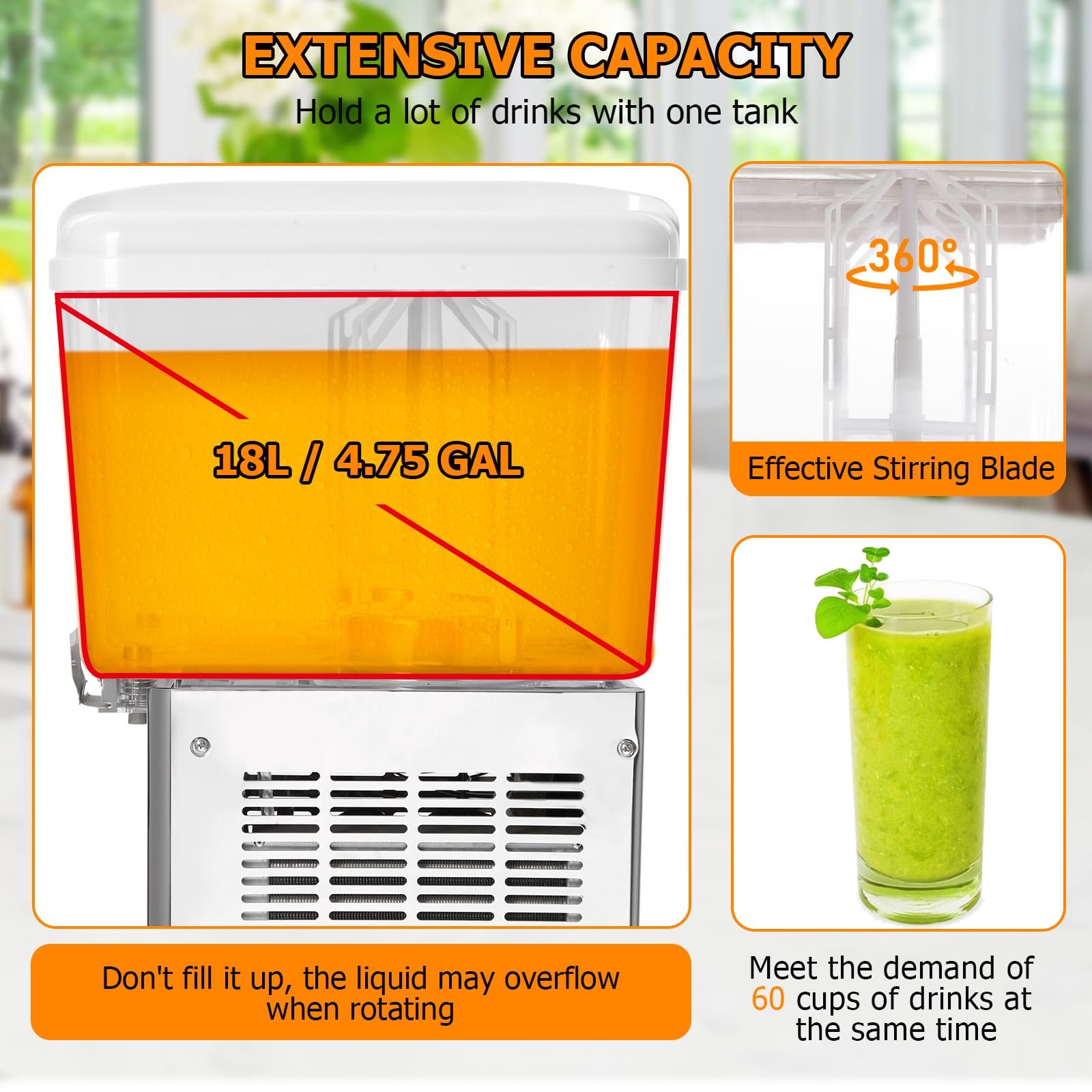Towallmark 4.75 Gallon (18L) Commercial Beverage Dispenser - Stainless Steel Iced Tea & Juice Dispenser with Thermostat Control, 180W Power, Food-Grade Construction - Perfect for Restaurants, Cafes, and Catering Events