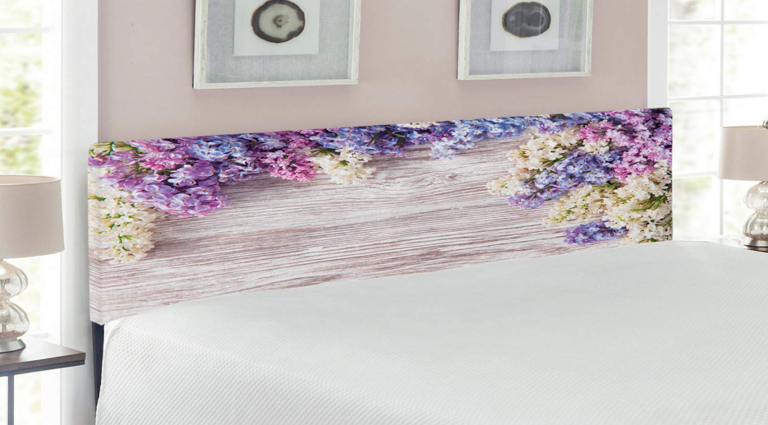 Ambesonne Rustic Upholstered King Size Headboard with Memory Foam - Floral Lilac Bouquet on Wood Table Design for Bedroom Decor | Spring Nature Romance Theme in Lilac, Violet & Dark Taupe | Perfect for Master Bedrooms, Guest Rooms & Cozy Home Styling