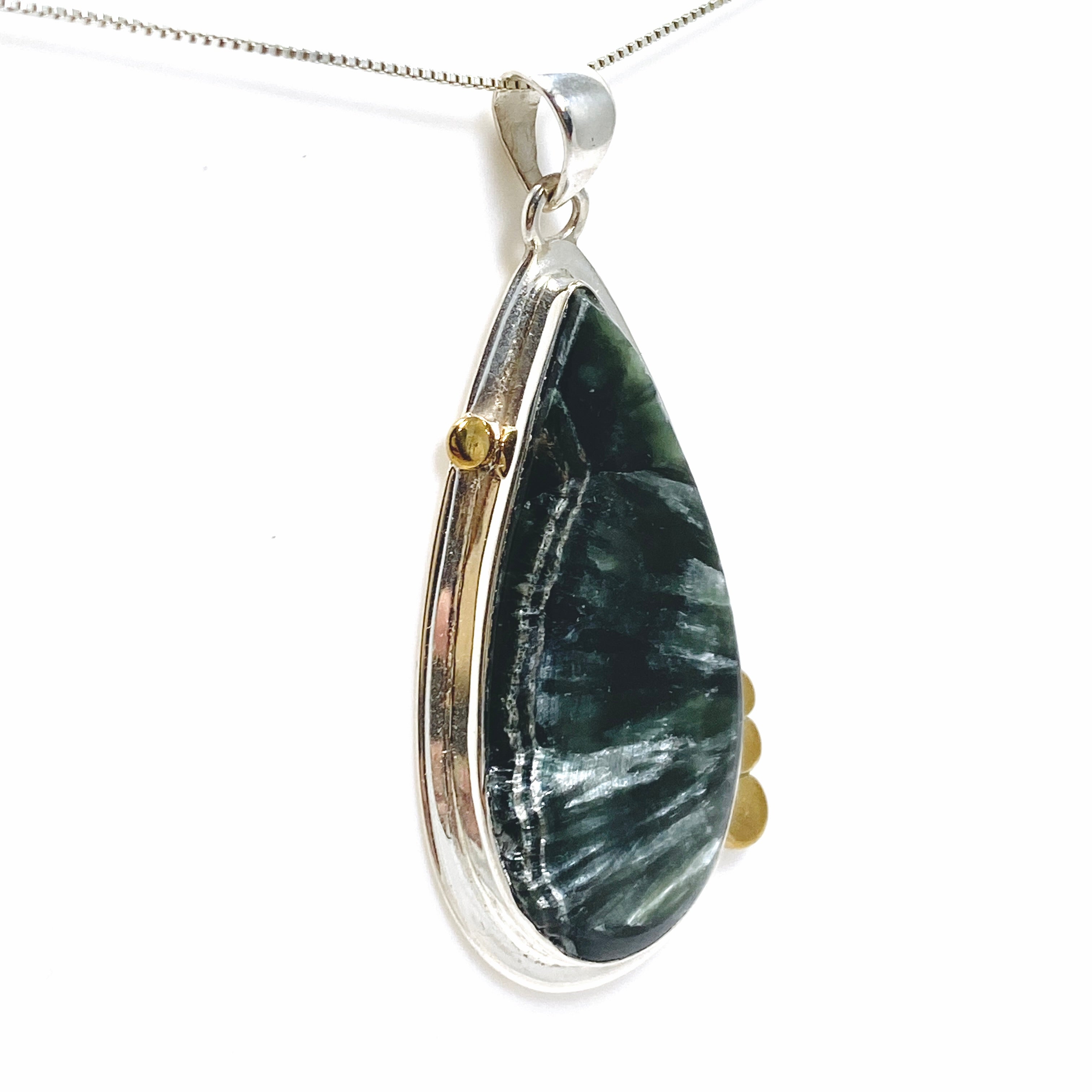 Seraphinite Teardrop Cabochon Pendant Necklace - 925 Sterling Silver Decorative Setting KPGJ4843 | Healing Crystal Jewelry for Meditation & Spiritual Gifts