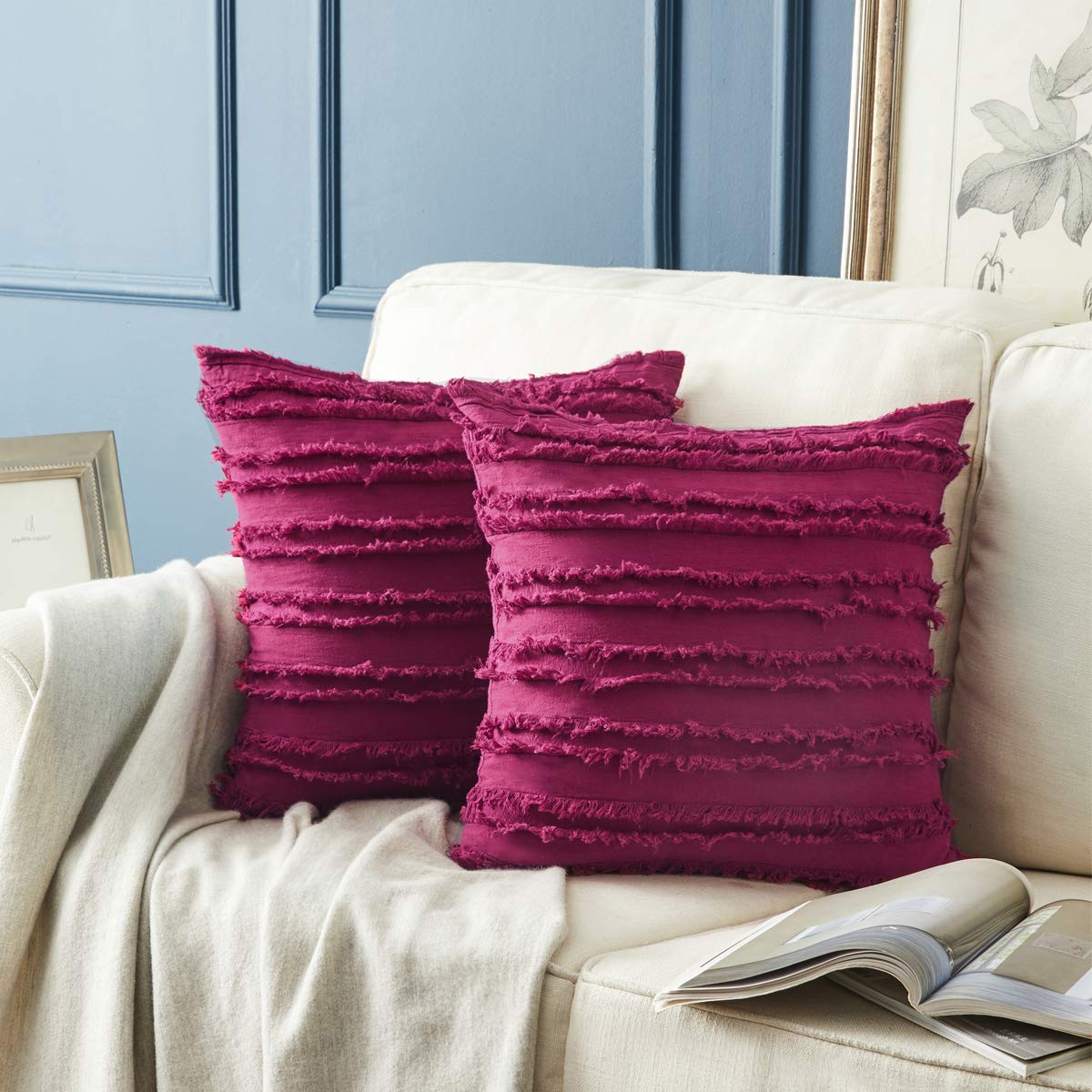 GIGIZAZA 24x24 Decorative Throw Pillow Covers - Wine Red Square Cotton Couch Pillow Covers for Sofa, Boho Style Home Decor | Perfect for Living Room, Bedroom & Outdoor Furniture