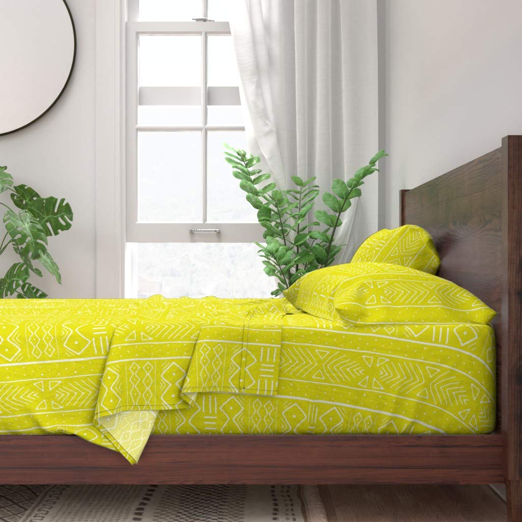 100% Cotton Queen Size 4-Piece Sheet Set - Mudcloth African Tribal Print in Chartreuse & Lime Green | Afrocentric Custom Bedding for Home Decor & Boho Chic Bedroom Style