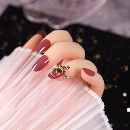 24pcs Fake Nails with Stars & Moon Design - Round Tip Press On Nails with Glue - Natural Nude Color Detachable Manicure Set for Parties, Halloween & Daily Wear
