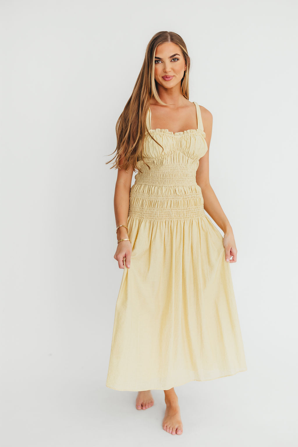 Della Women's Adjustable Tie Midi Dress in Yellow - Flowy Summer Dress for Beach, Party & Casual Wear