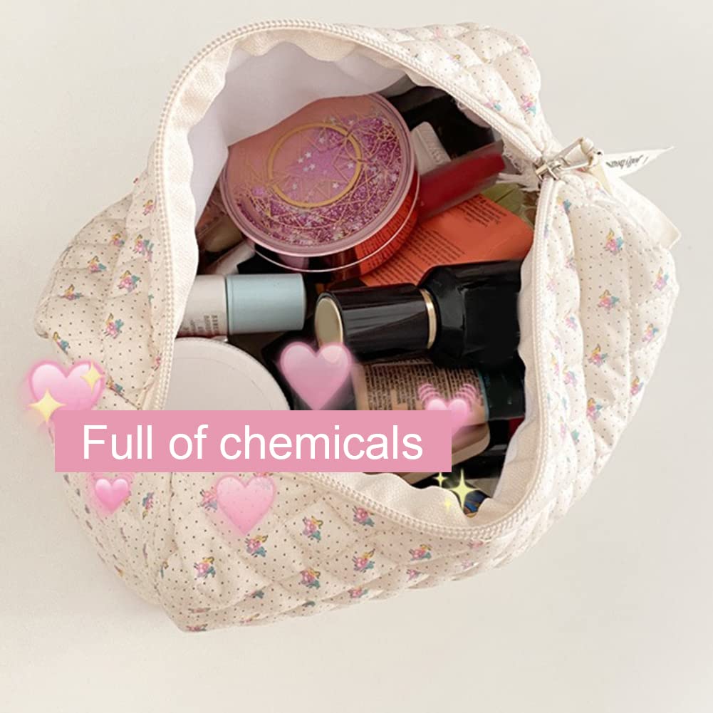 3Pcs Coquette Makeup Bags Set - Aesthetic Quilted Cosmetic Organizer with Floral Cotton Design, Large Travel Toiletry Bag for Women | Perfect for Travel, Gym & Daily Beauty Storage