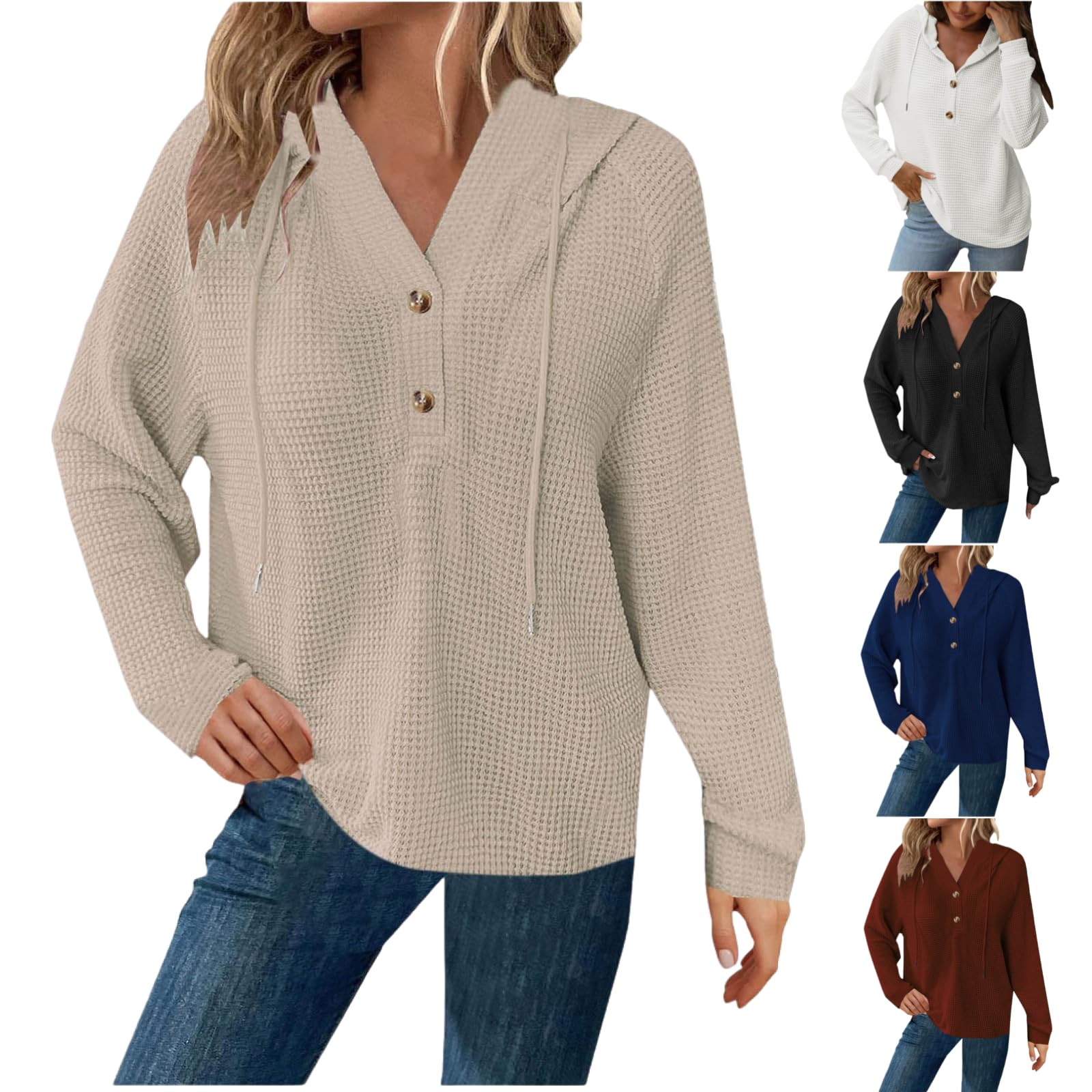 Women's Waffle Knit Hoodie - Long Sleeve Drawstring Button V-Neck Pullover Sweatshirt | Casual Fashion Hooded Top for Fall, Winter & Outdoor Activities