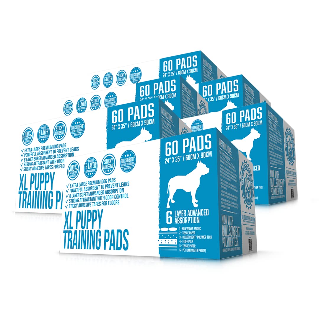 Bulldogology XL Puppy Pee Pads with Adhesive Tape - Extra Large 24x35 Inch Dog Training Pads | 6-Layer Quick-Dry Bullsorbent Technology | 360-Count White Wee Pads for Puppies & Adult Dogs | Ideal for House Training, Crate Use & Travel