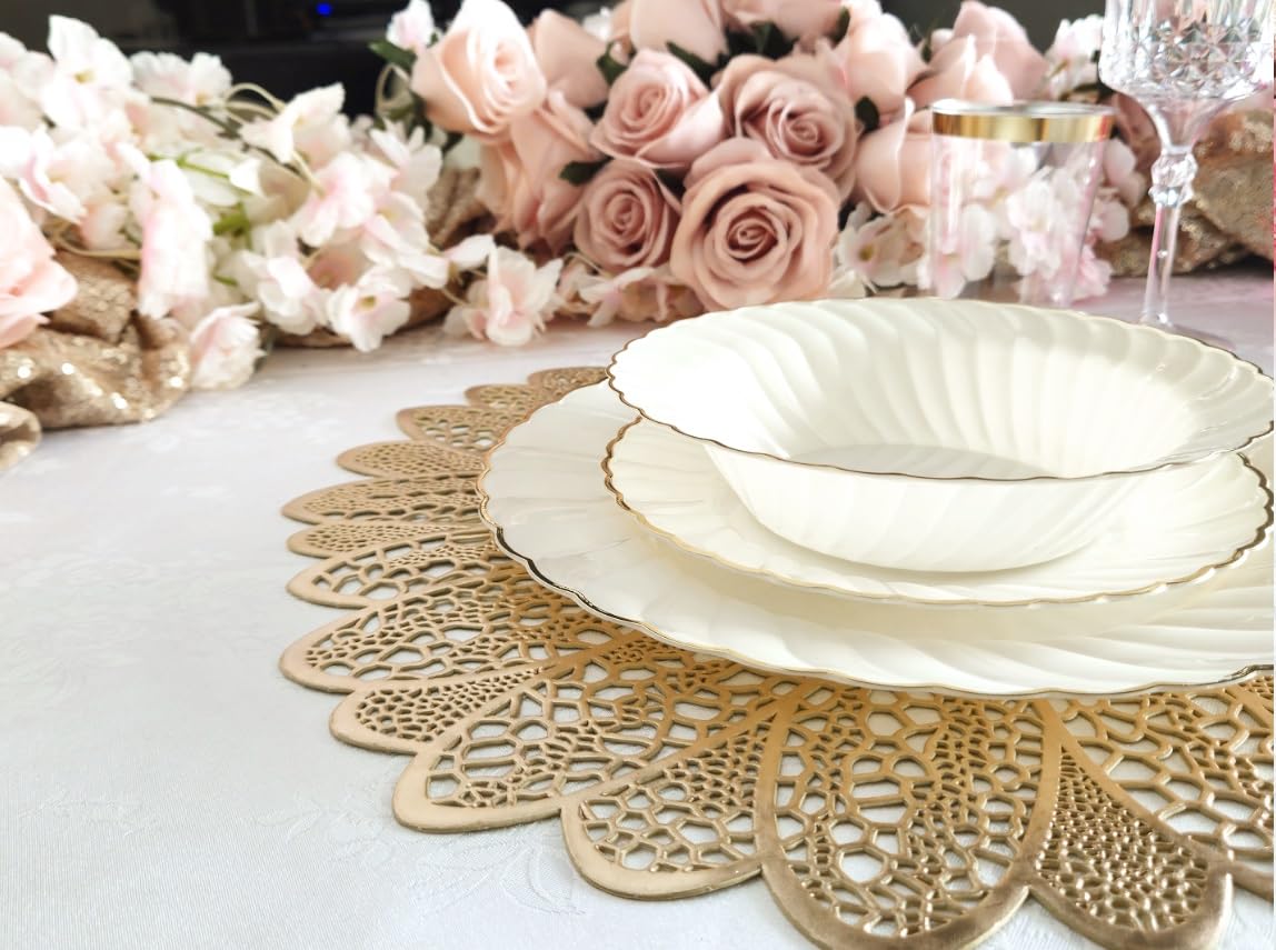120-Piece Pressed Vinyl Metallic Placemats Set - Elegant Fiore Gold Wedding Table Decor for Banquets, Parties & Special Occasions