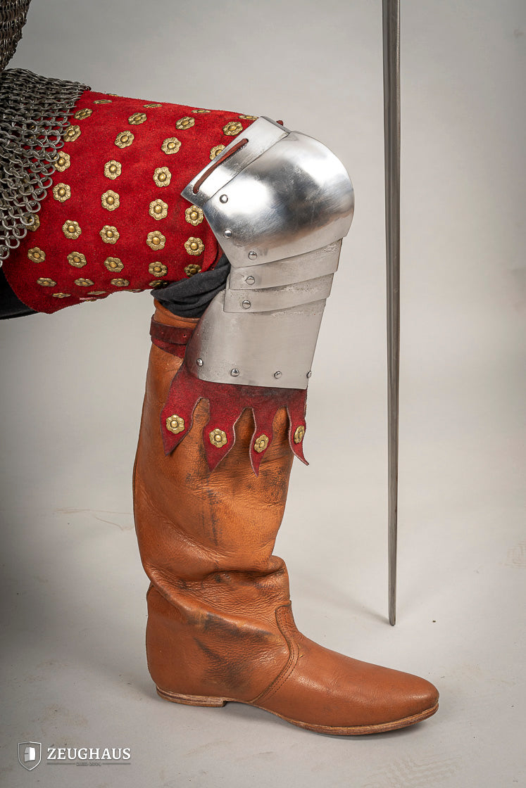 Red Suede Leather Splinted Leg Armor - Medieval Knight Costume, LARP, Cosplay & Renaissance Faire Accessory