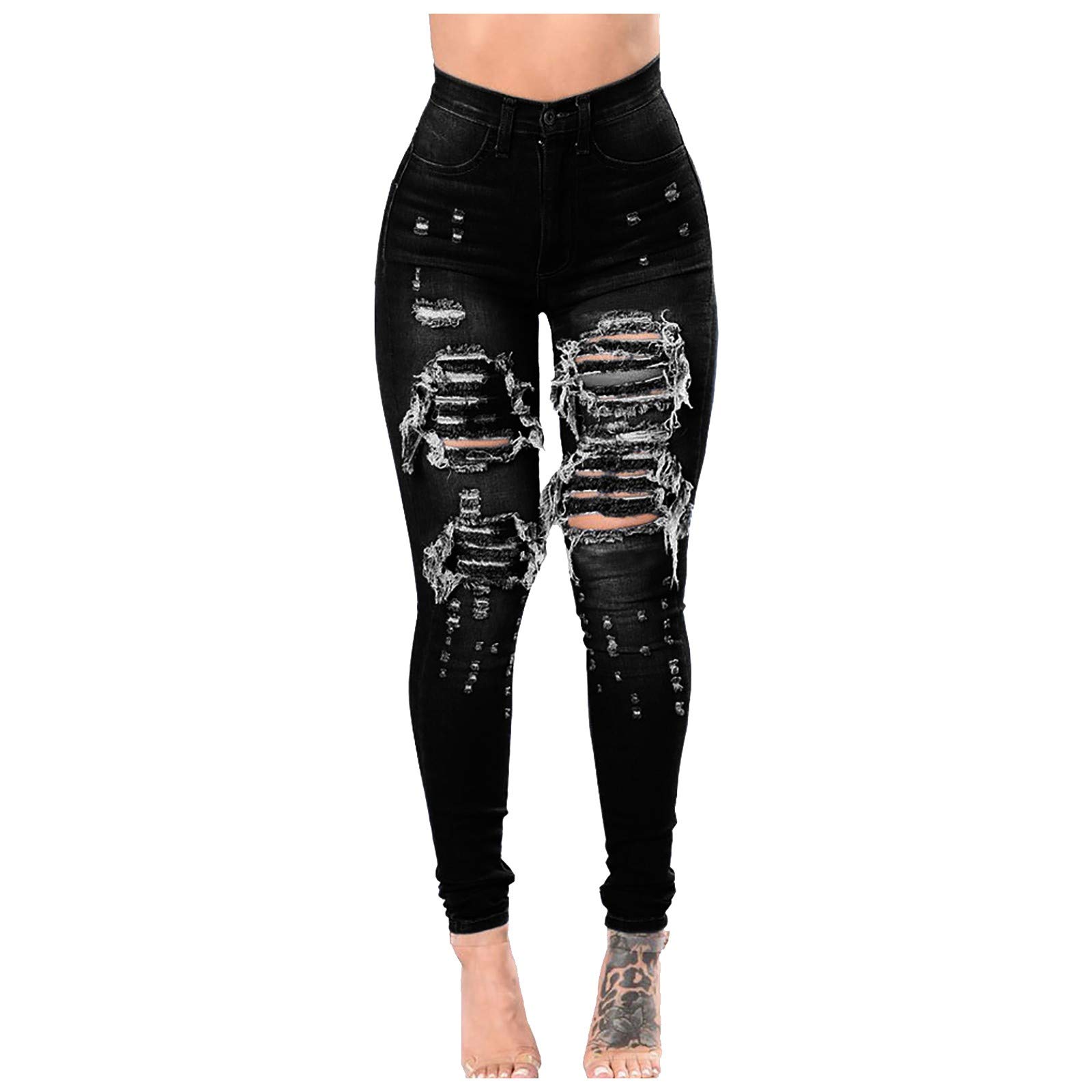 UODSVP Women's Slim Fit Ripped Distressed High Waist Jeans - Vintage Washed Denim Pants with Gradient Hole Design for Casual Outfits & Streetwear Fashion