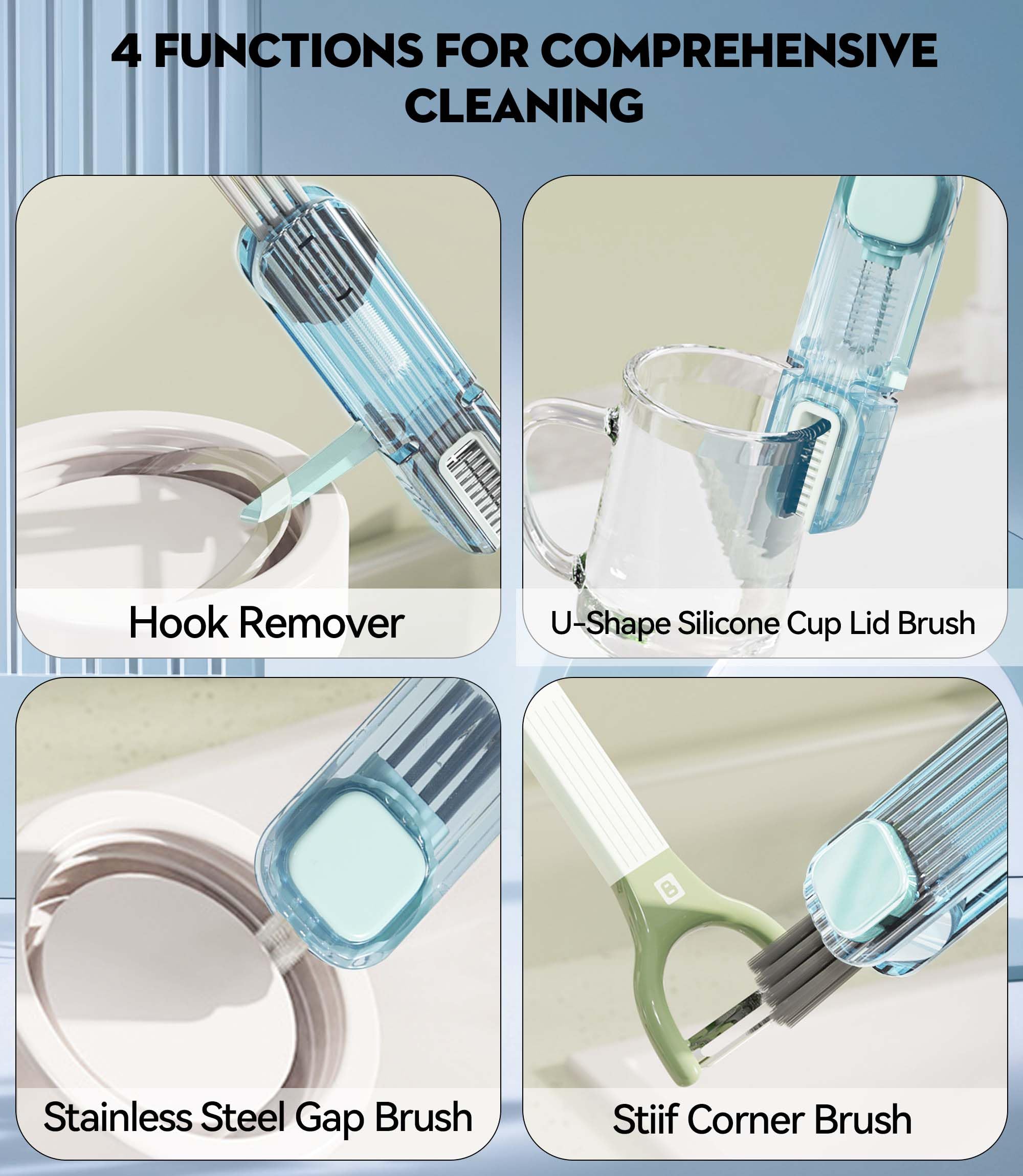 4-in-1 Silicone Bottle Gap Cleaner - 2PCs Multifunctional Kitchen Brush for Cups, Nipples & Lids - Home Cleaning Tools