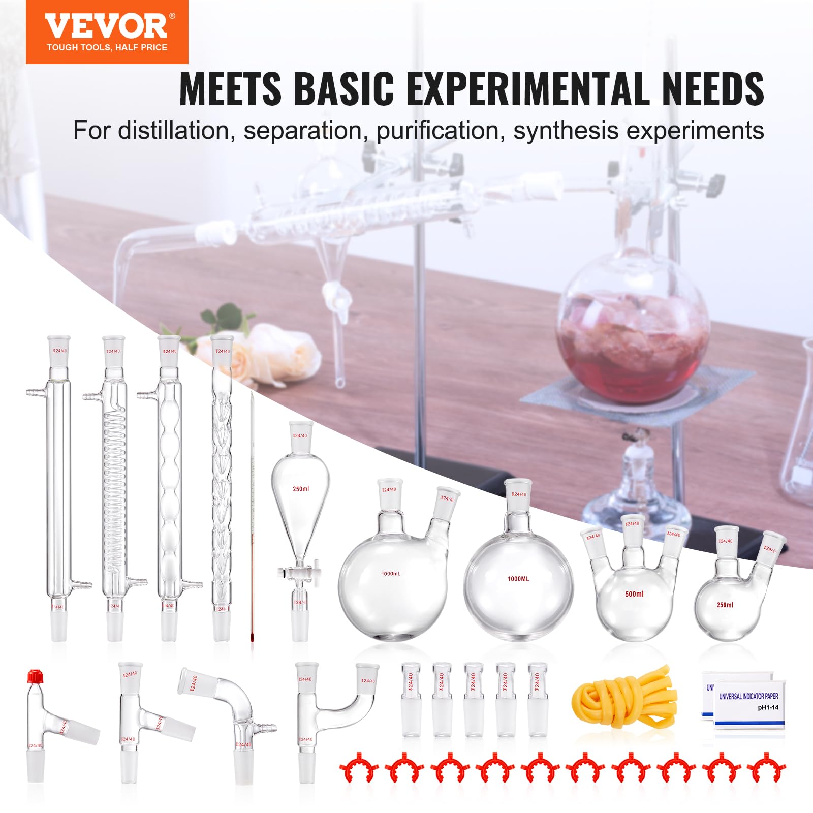 VEVOR 3.3 Boro Lab Glass Distillation Kit - 1000ml Essential Oil Extraction Apparatus with 24/40 Joints, 32-Piece Chemistry Glassware Set for Home DIY, Aromatherapy & Herbal Distillation