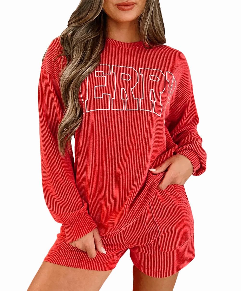 Women's Ribbed Pajama Set - Long Sleeve Top & Shorts Matching Lounge Wear with Pockets | Soft Comfy Loungewear for Sleep, Relaxing at Home & Cozy Nights