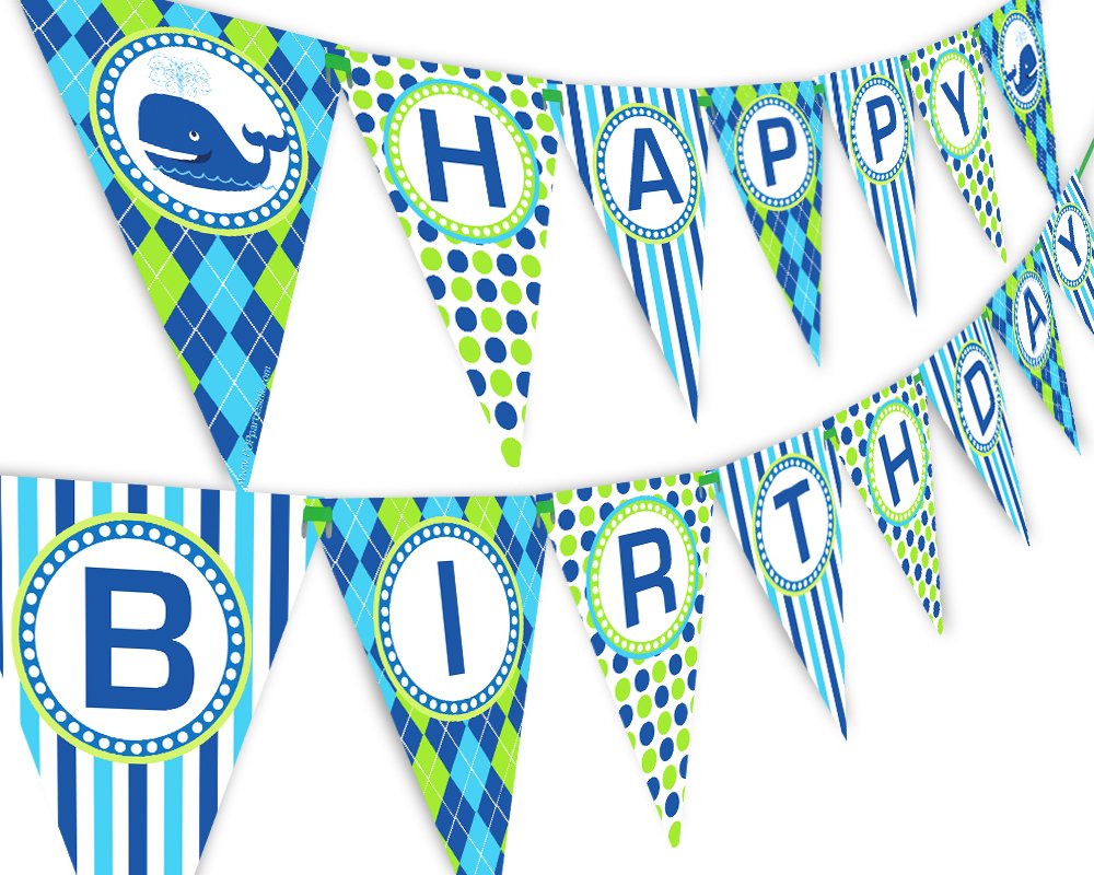 Whale Themed Birthday Party Banner - Preppy Whale Decorations for Baby Shower, Kids Birthday, Ocean Theme Party Decor