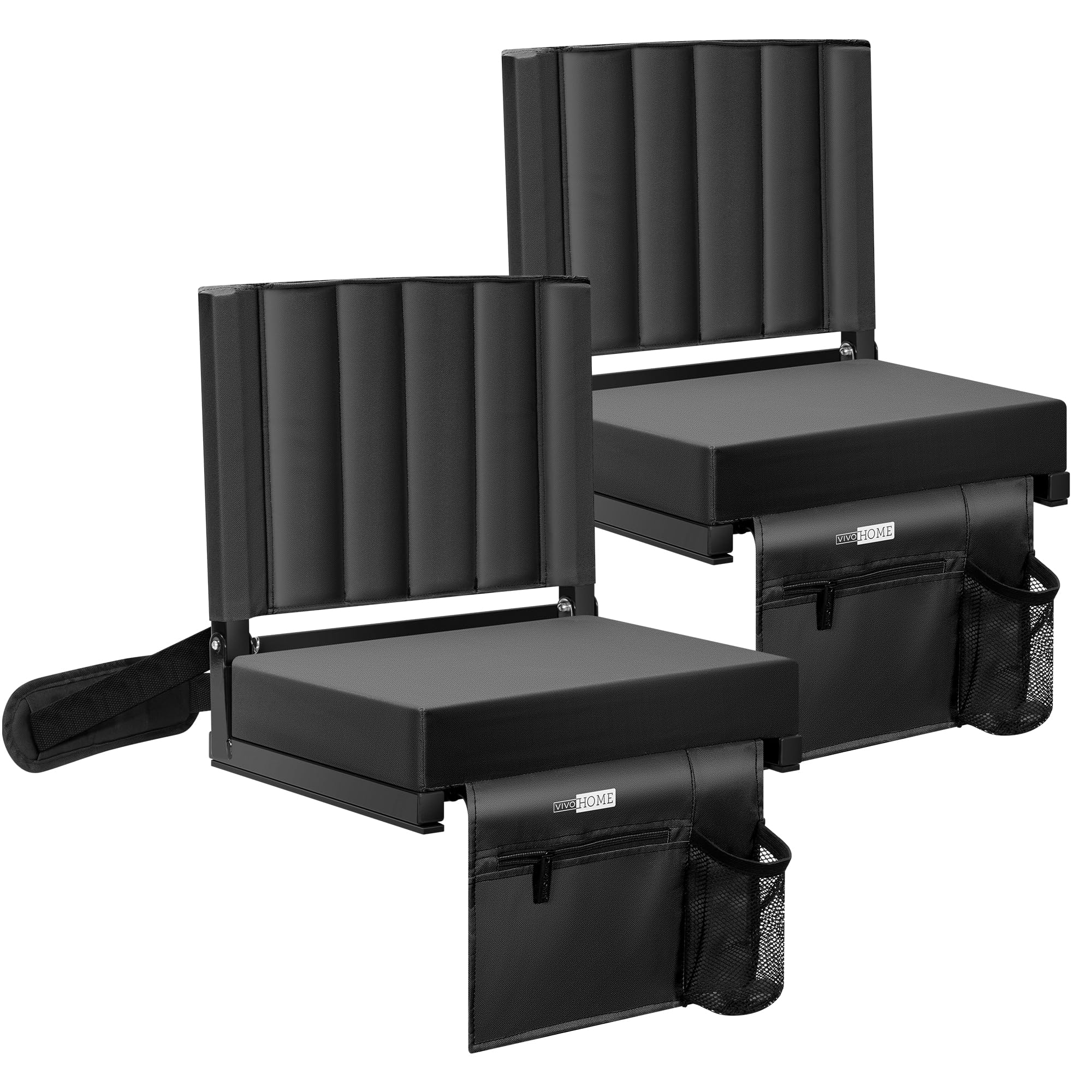 VIVOHOME 2 Pack Portable Stadium Seats with Back Support & Cushion - Bleacher Chairs with Cup Holder & Shoulder Strap - Perfect for Football Games, Baseball Matches & Outdoor Events (Black)