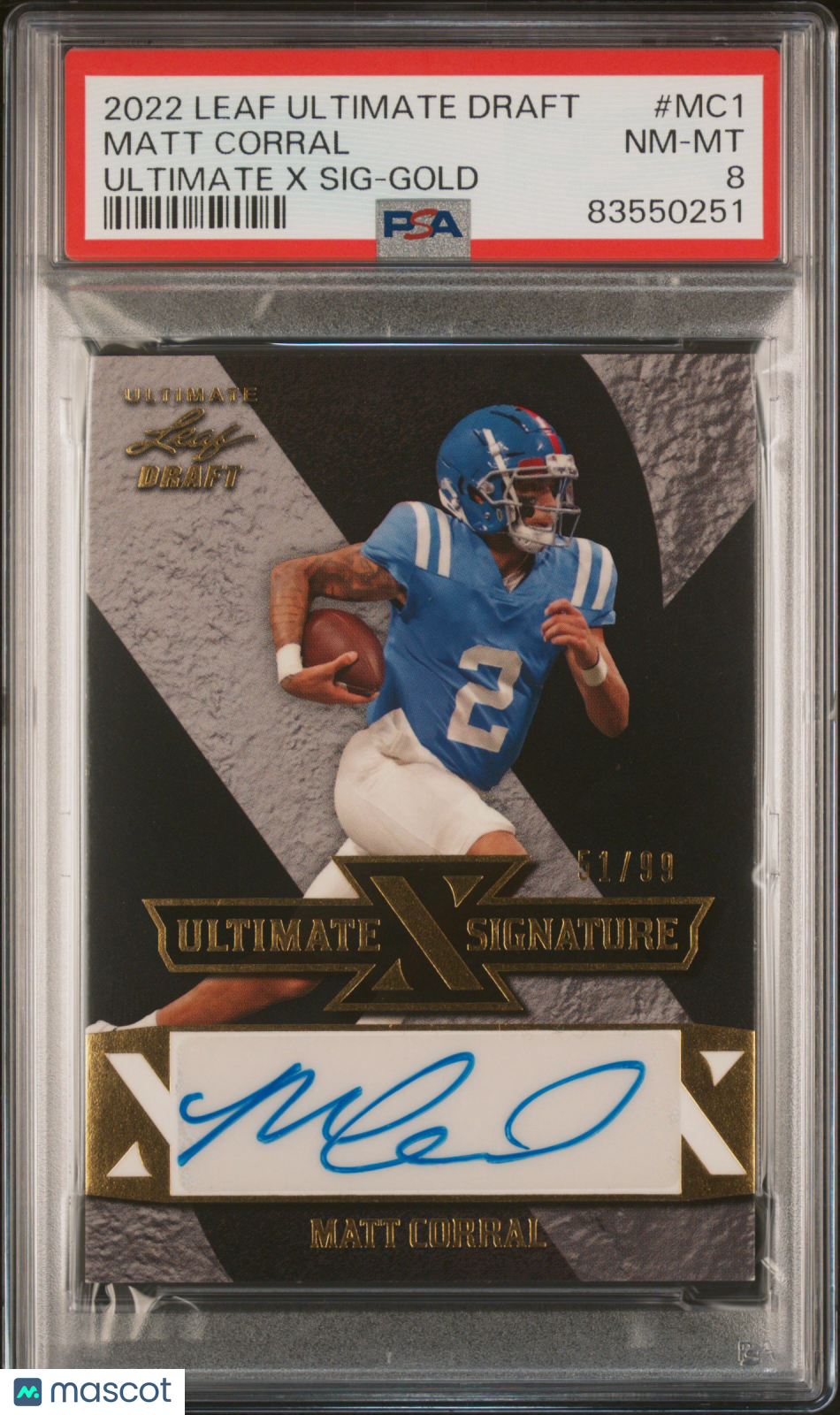 2022 Leaf Ultimate Draft Ultimate X Signatures PSA 8 Matt Corral 51/99 #UXS MC1 - Rare Football Trading Card for Collectors & Sports Memorabilia Enthusiasts - Perfect for Display, Investment & Fantasy Sports