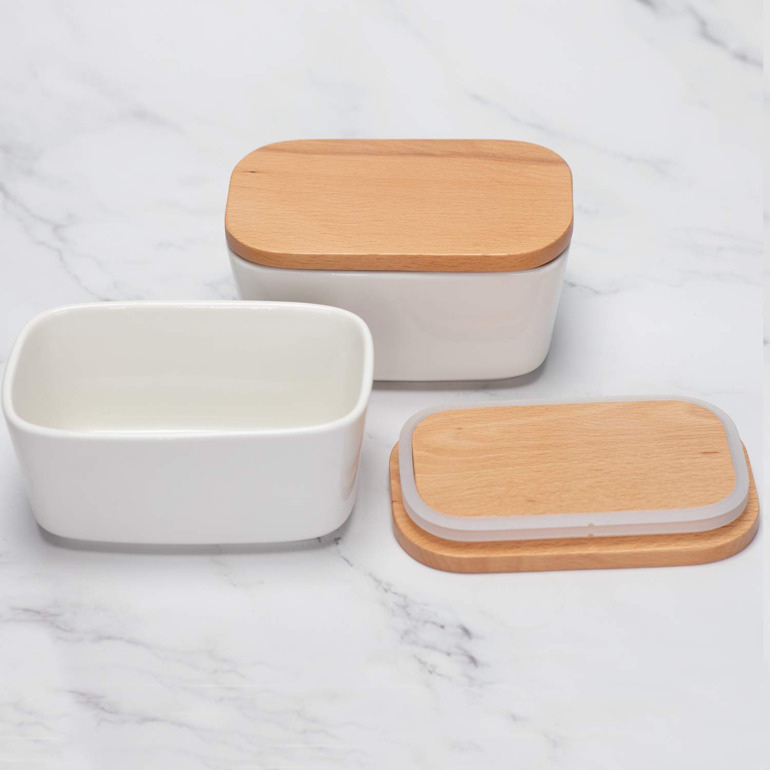 amHomel Butter Dish Set of 2 - Airtight Butter Keeper with Wooden Lid, Holds 2 Sticks of Butter (White) - Perfect for Kitchen Counter, Dining Table & Refrigerator Storage
