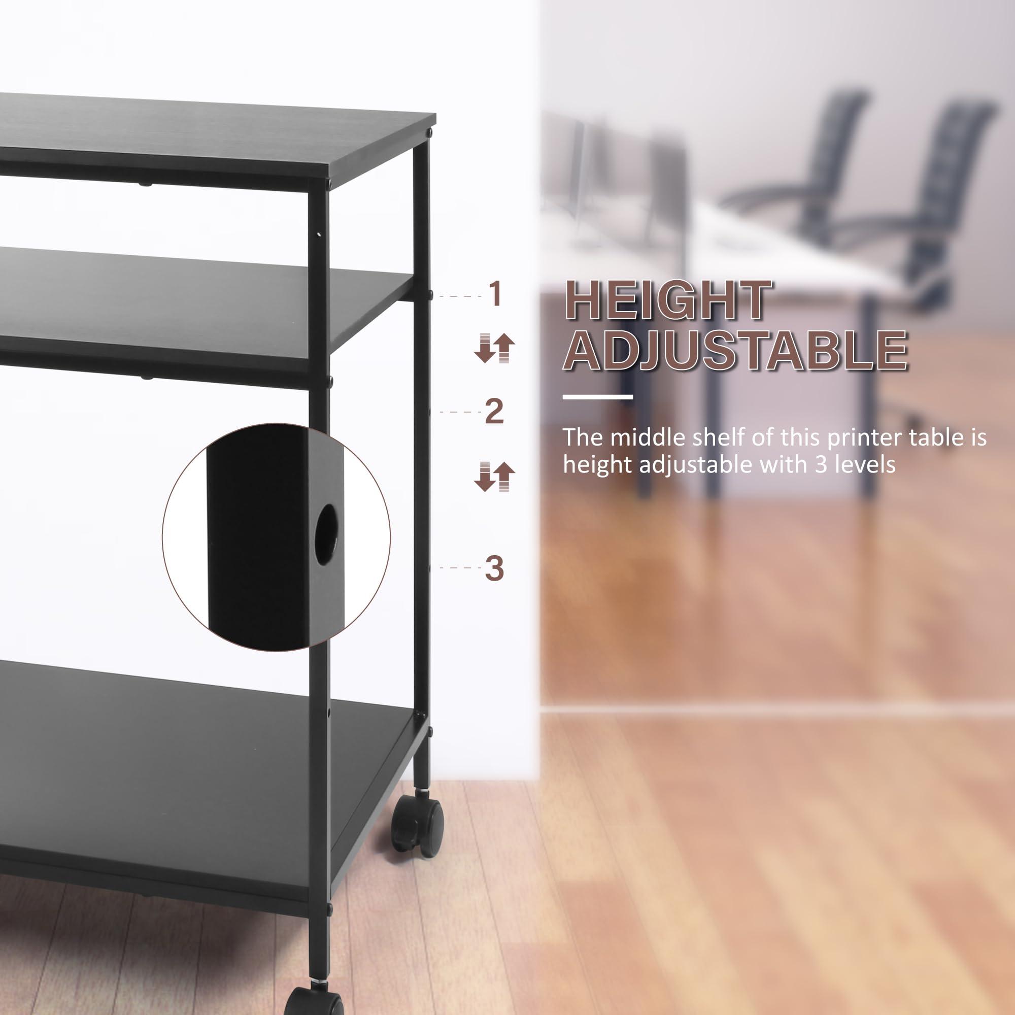 EMERIT Heavy Duty 3-Tier Adjustable Printer Stand Cart with Lockable Wheels - 23.6x18.9x31.5 Inches for Laser/Inkjet/All-in-One Printers, Scanners, Fax Machines & Office Supplies - Perfect for Home Office, Workspace & Industrial Use