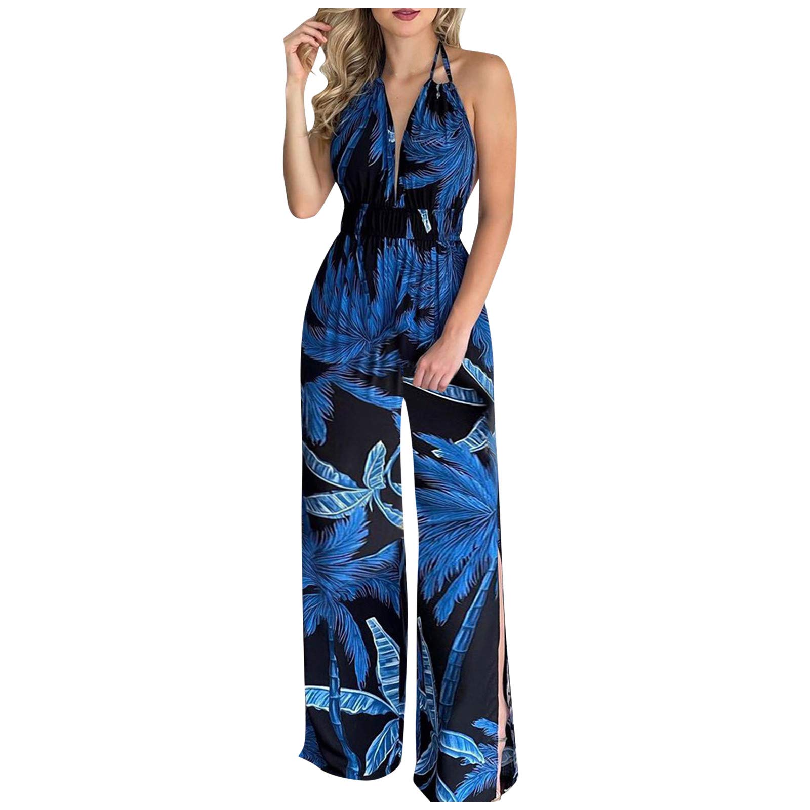 Women's White Vintage Printed Jumpsuit - Sleeveless Romper Playsuit with Pockets, Loose Fit Bib Overalls for Summer | Casual Outfit, Beach Wear, Vacation Style