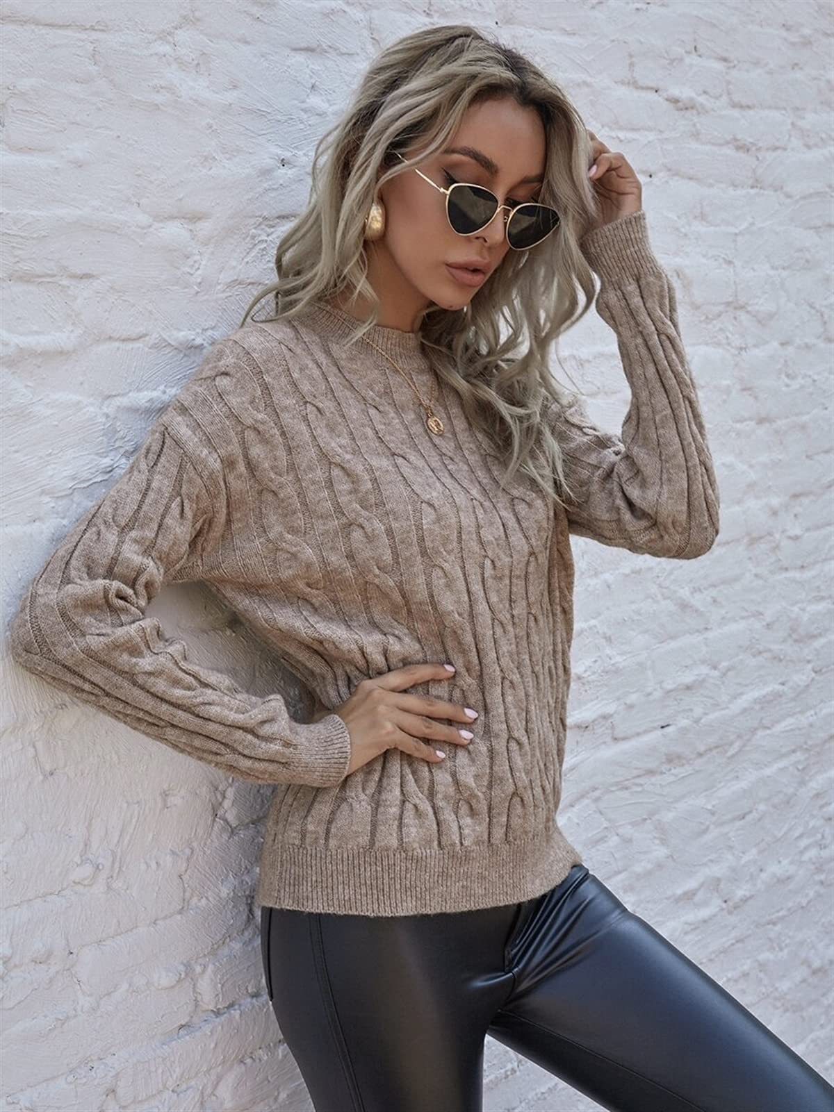 Women's Long Sleeve Cable Knit Sweater - Drop Shoulder Pullover Jumper Top (Khaki, Size L) | Cozy Fall & Winter Fashion for Casual Outings, Office Wear and Holiday Gatherings