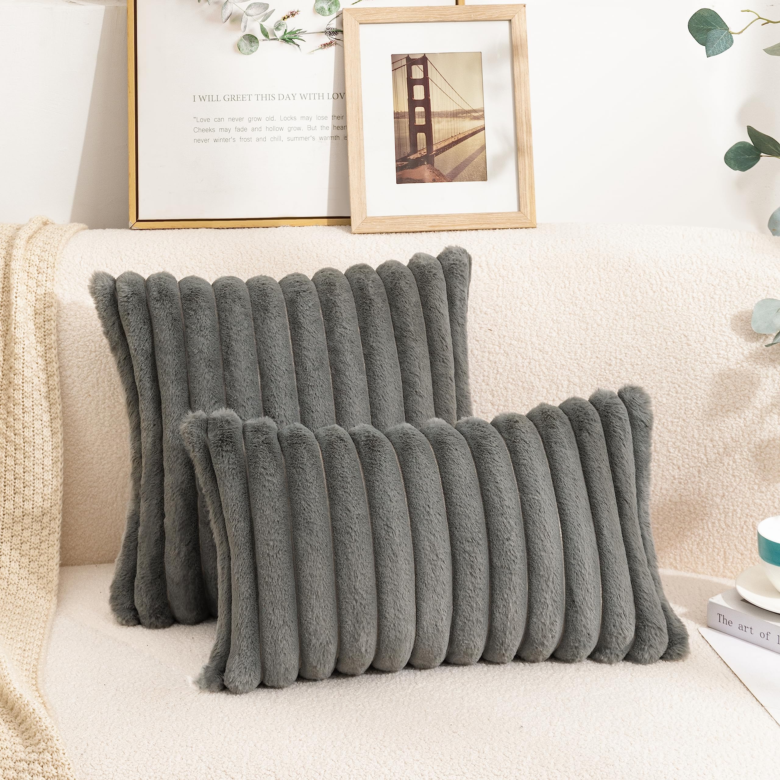 Uhomy Set of 2 Faux Fur Pillow Covers 18x18 Inch - Super Soft Plush Striped Cushion Covers for Sofa, Couch & Bedroom - Grey Luxury Decorative Throw Pillow Cases (45cm) - Perfect for Cozy Home Decor, Living Room Accents & Winter Comfort