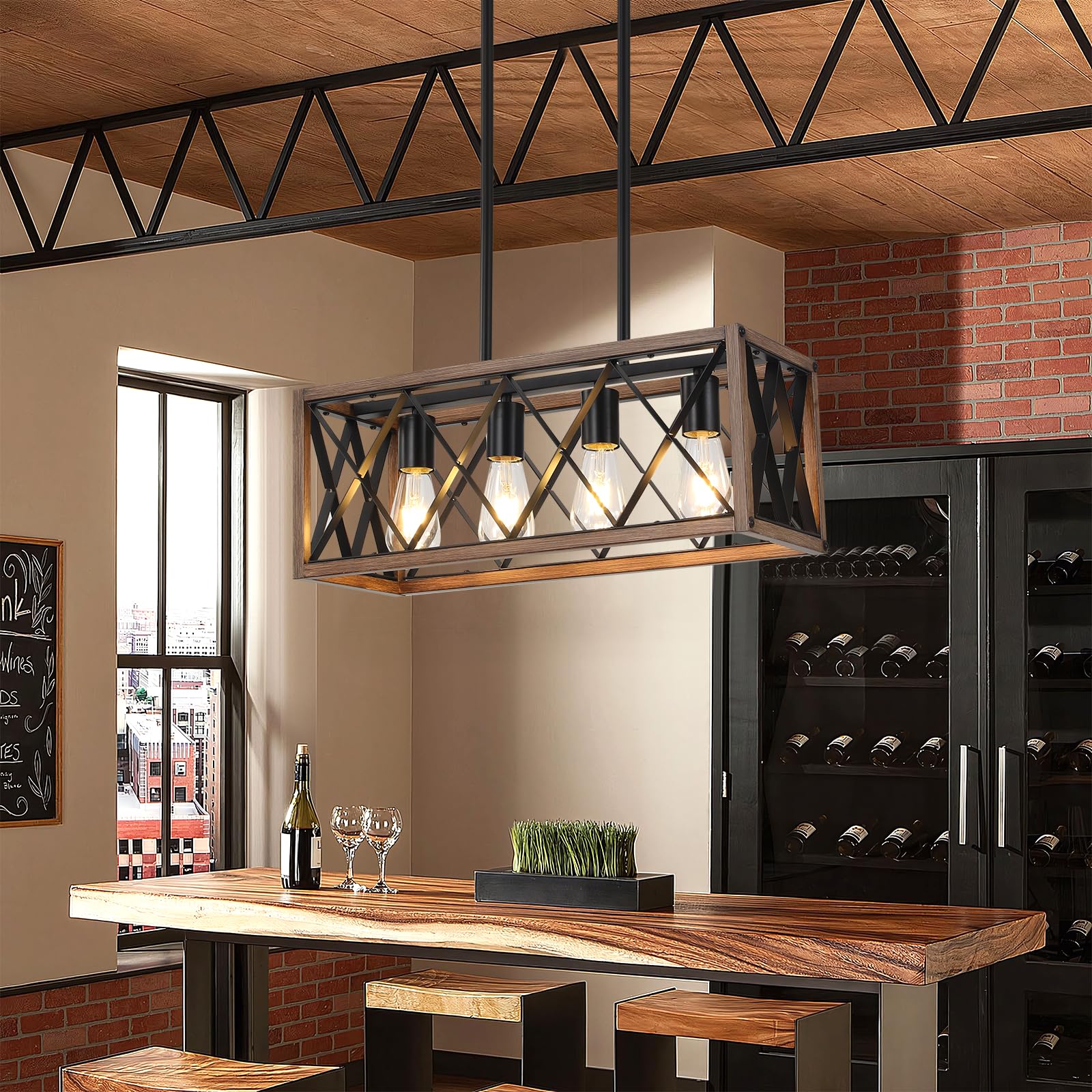 KEESFU 4-Light Adjustable Height Farmhouse Pendant Light - Rustic Wood Grain Linear Chandelier for Kitchen Island, Dining Room Table & Pool Table Lighting - Perfect for Farmhouse, Industrial & Modern Home Decor