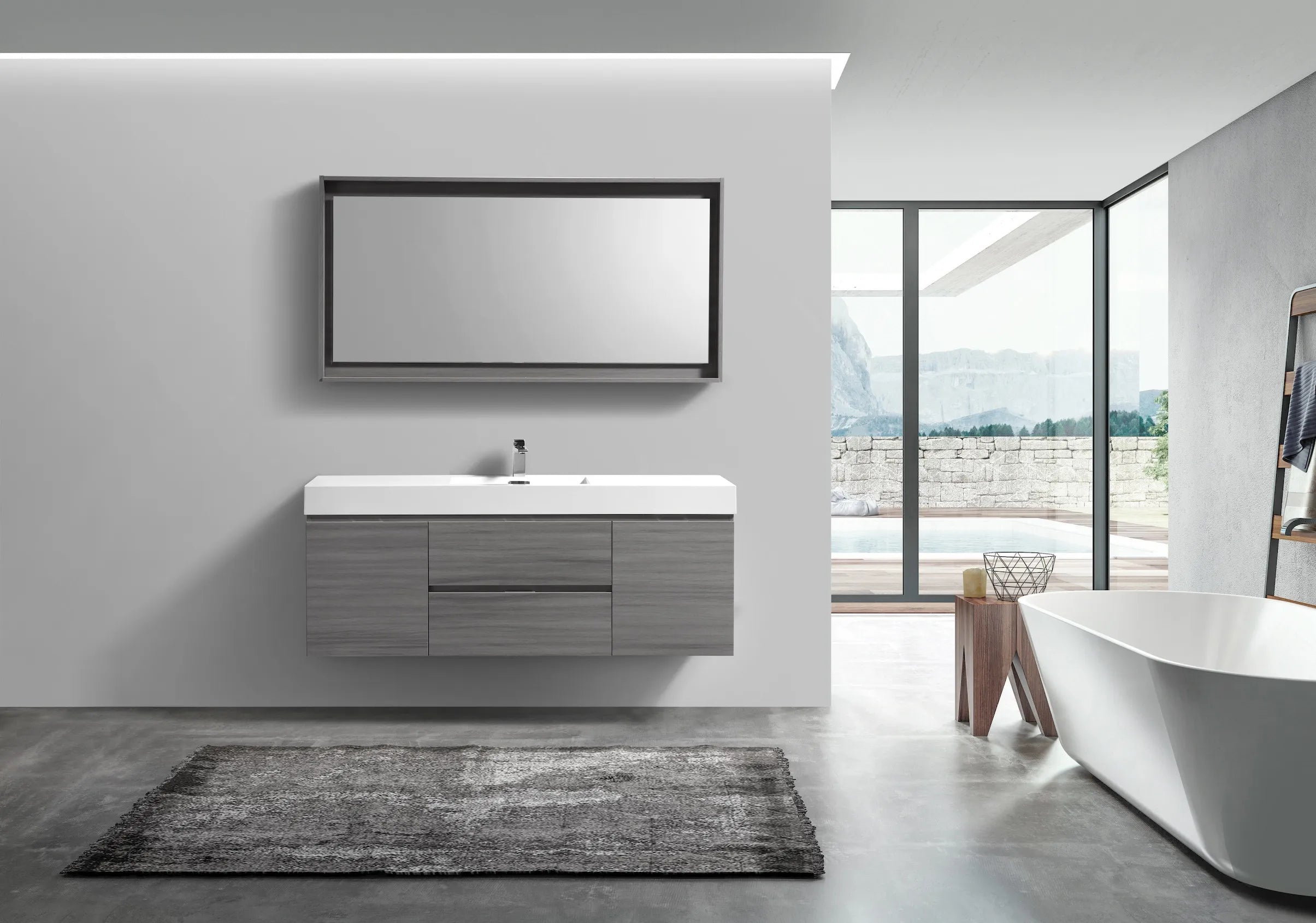 BSL60 Vulcan Ash Grey Wall Mount Bathroom Vanity with Single Sink - Modern Space-Saving Design for Small Bathrooms, Powder Rooms & Apartments