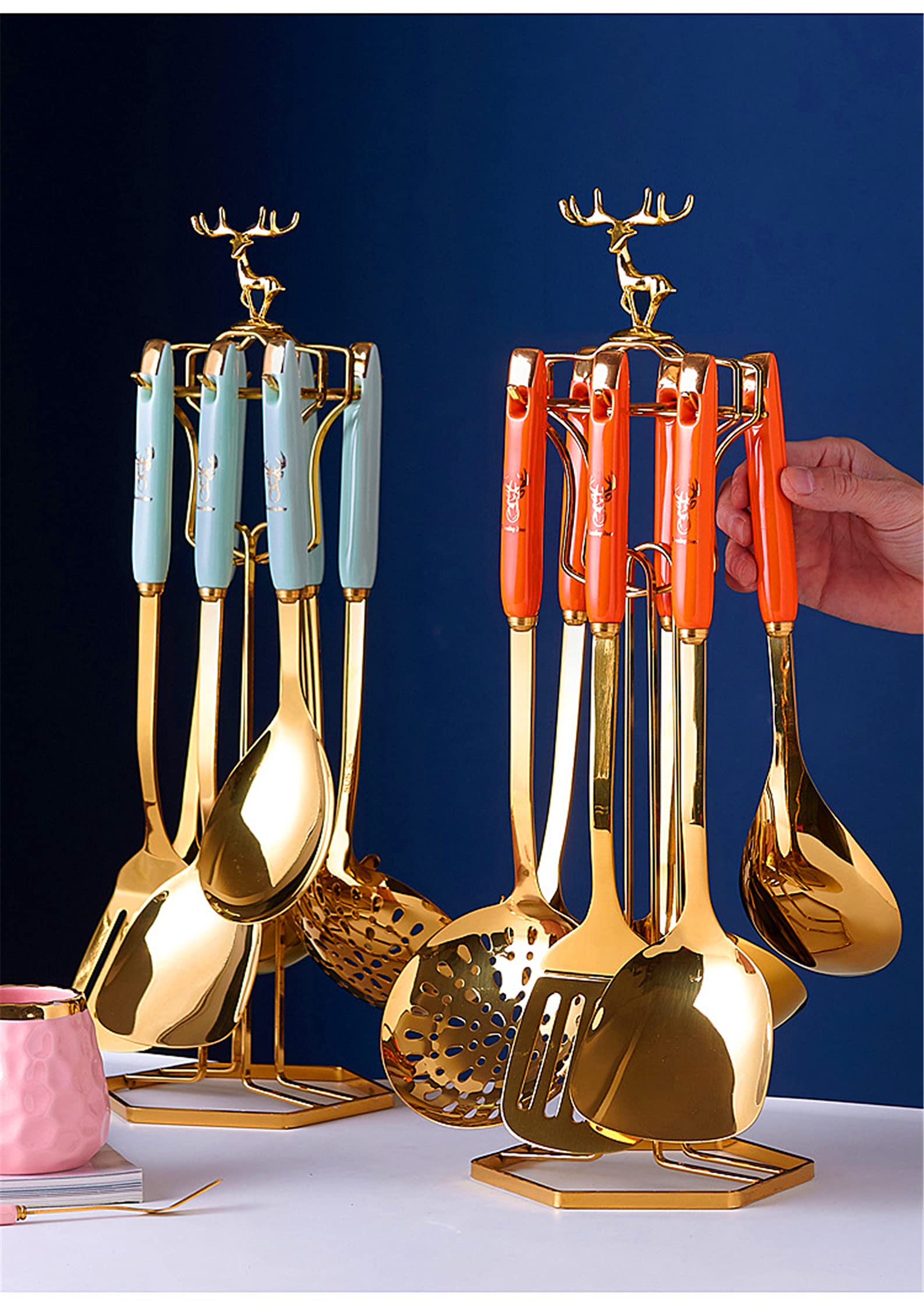Premium 12-Piece Nordic Style Kitchen Utensil Set with Holder - Stainless Steel Soup Ladle, Spatula, Slotted Spoon, Skimmer & Rice Paddle - Deer Antler Design Cookware for Cooking, Baking & Serving - Perfect for Home Chefs & Modern Kitchens