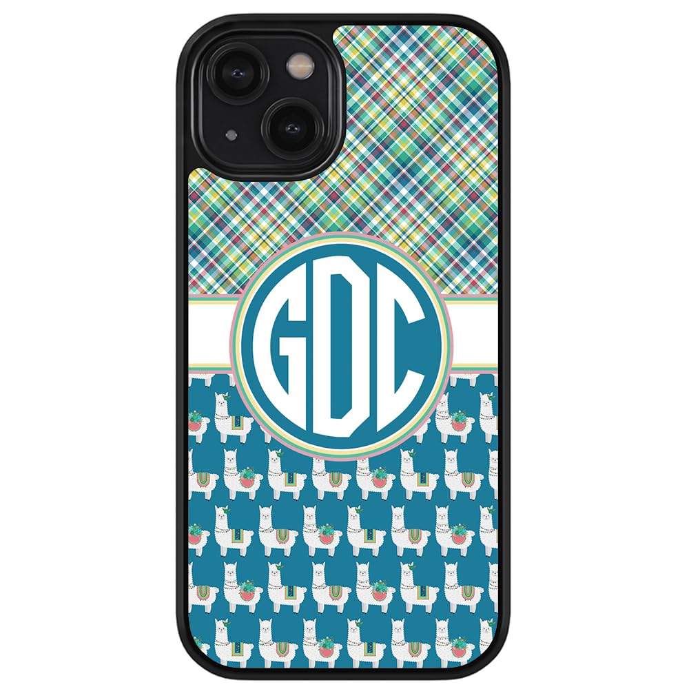 Personalized Monogram Llama Plaid Phone Case - Green Blue White Design - Compatible with Apple iPhone 16/15/14/13/12 Pro Max & Plus, 11/X/8/7 - Durable Black Rubber Protection - Perfect for Travel, Work & Everyday Use