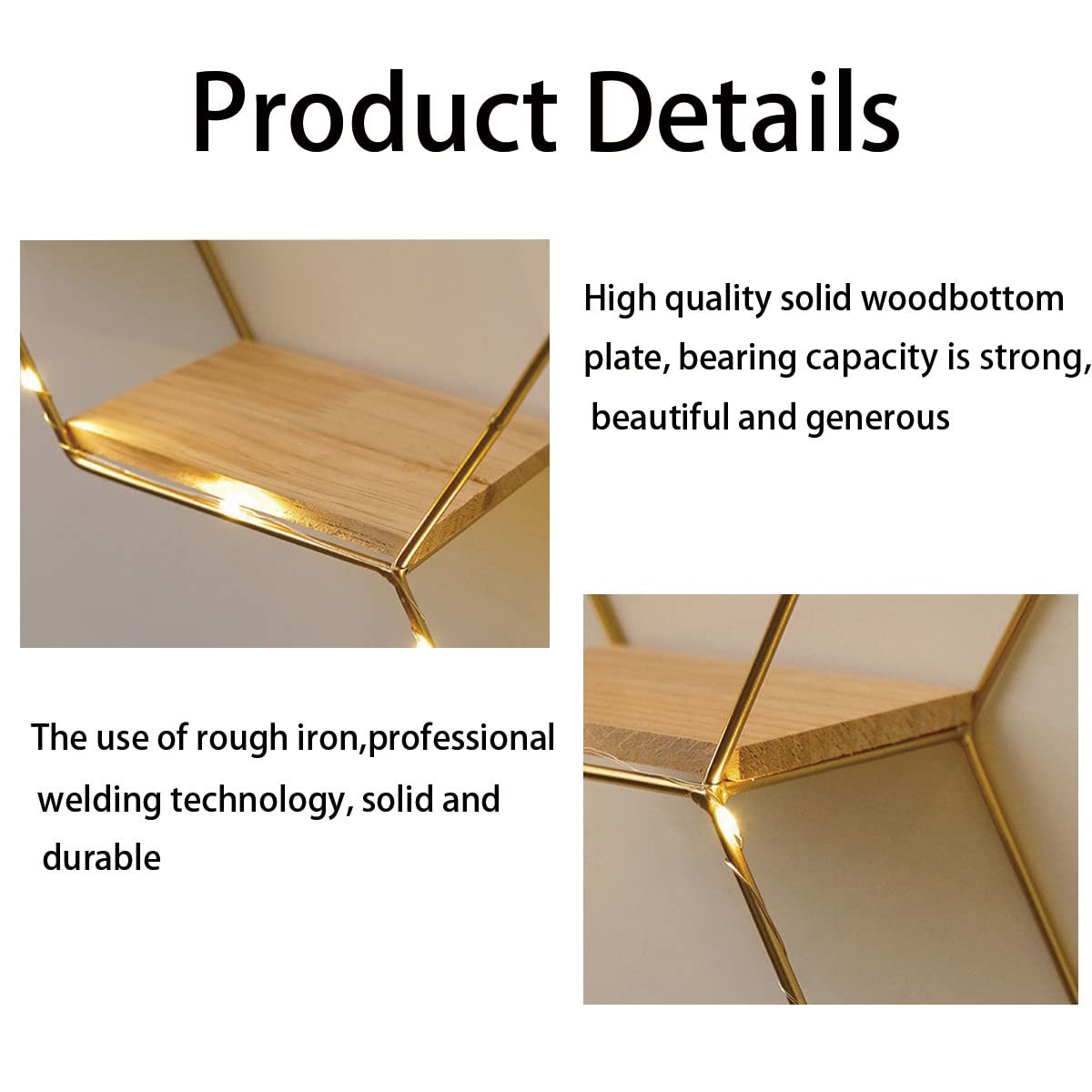 Hexagon Floating Shelves Wall Decor - Set of 3 Gold Metal & Wood Wall Mounted Shelves with LED Lights for Bedroom, Living Room, Kitchen, Bathroom | Modern Home Storage & Display Solution for Books, Plants, Photos and Decor Items