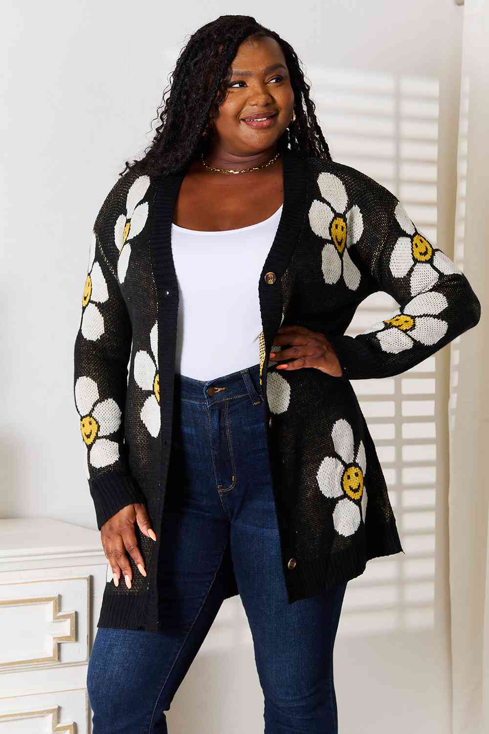 Black Smiley Face Floral Button Down Longline Cardigan for Women - Cute & Stylish Open Front Sweater for Casual Outfits, Date Nights & Layering