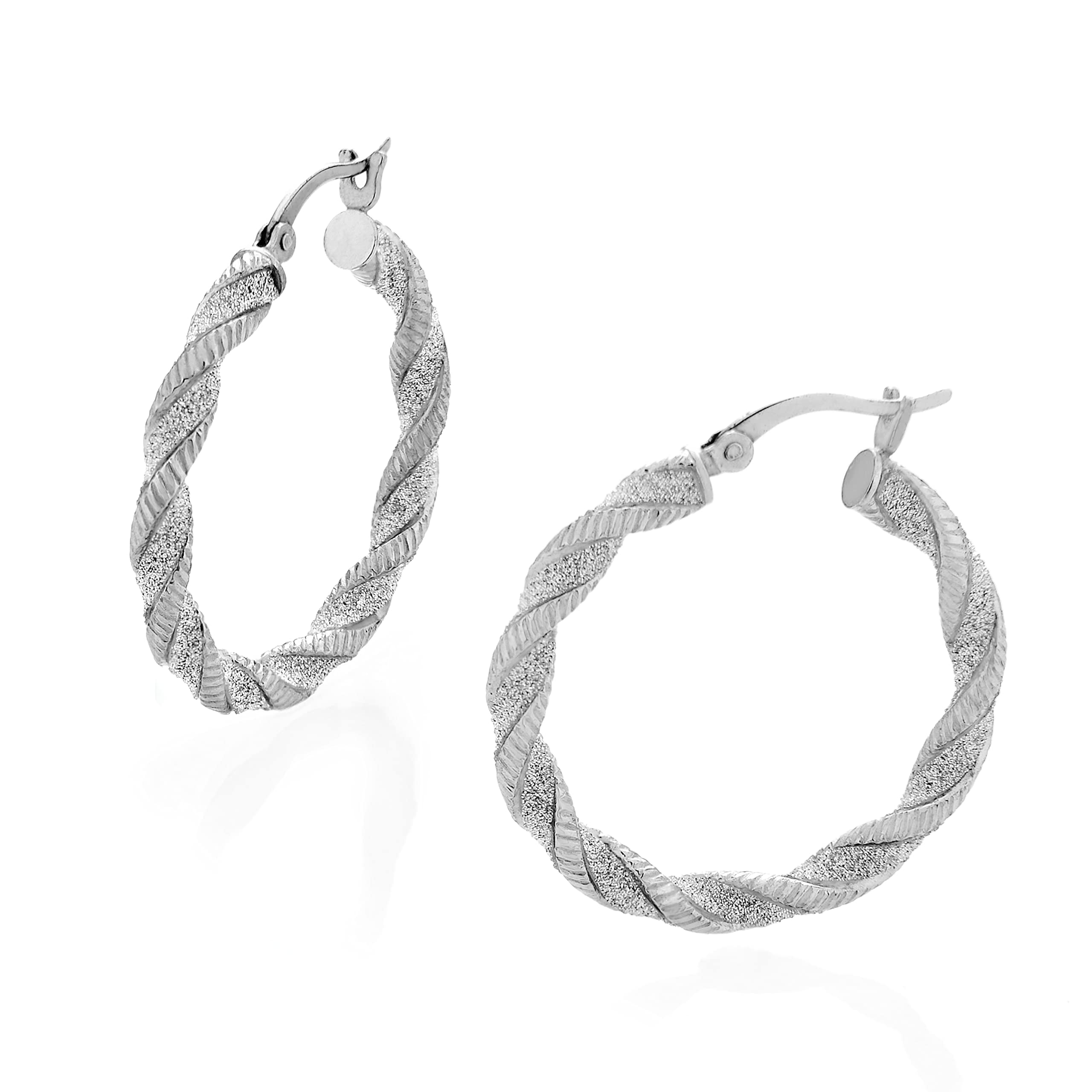 Sterling Silver Twisted Glitter Hoop Earrings with Diamond Cut - 30x3.5mm Elegant Hoops for Women, Perfect for Parties, Weddings & Everyday Wear