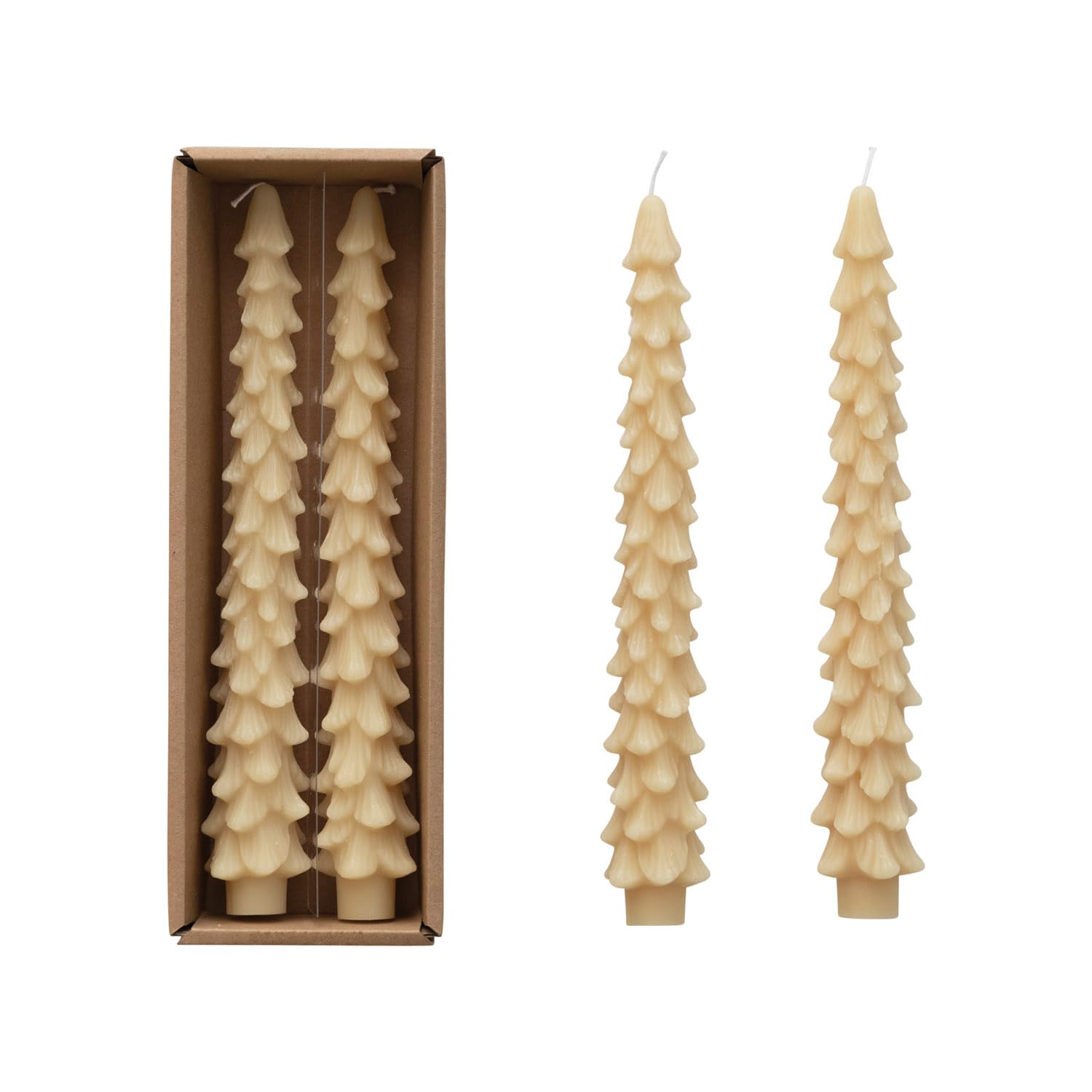 Creative Co-Op Unscented Christmas Tree Shaped Taper Candles - Set of 2 Eggnog Beige Candles for Holiday Table Decor, Mantel Display & Winter Centerpieces