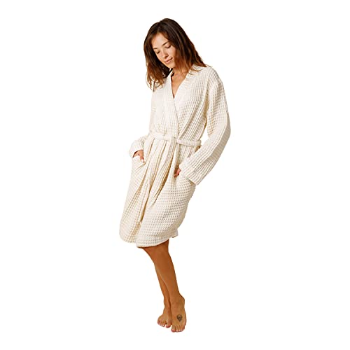 Happy Place Women's Waffle Robe - Lightweight Organic Cotton Bathrobe for Spa, Lounge & Travel - Eco-Friendly Unisex Kimono Robe with Pockets