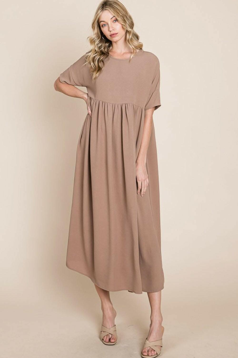 BOMBOM Women's Round Neck Ruched Midi Dress - Elegant Bodycon Party Dress for Cocktail, Wedding Guest & Evening Occasions
