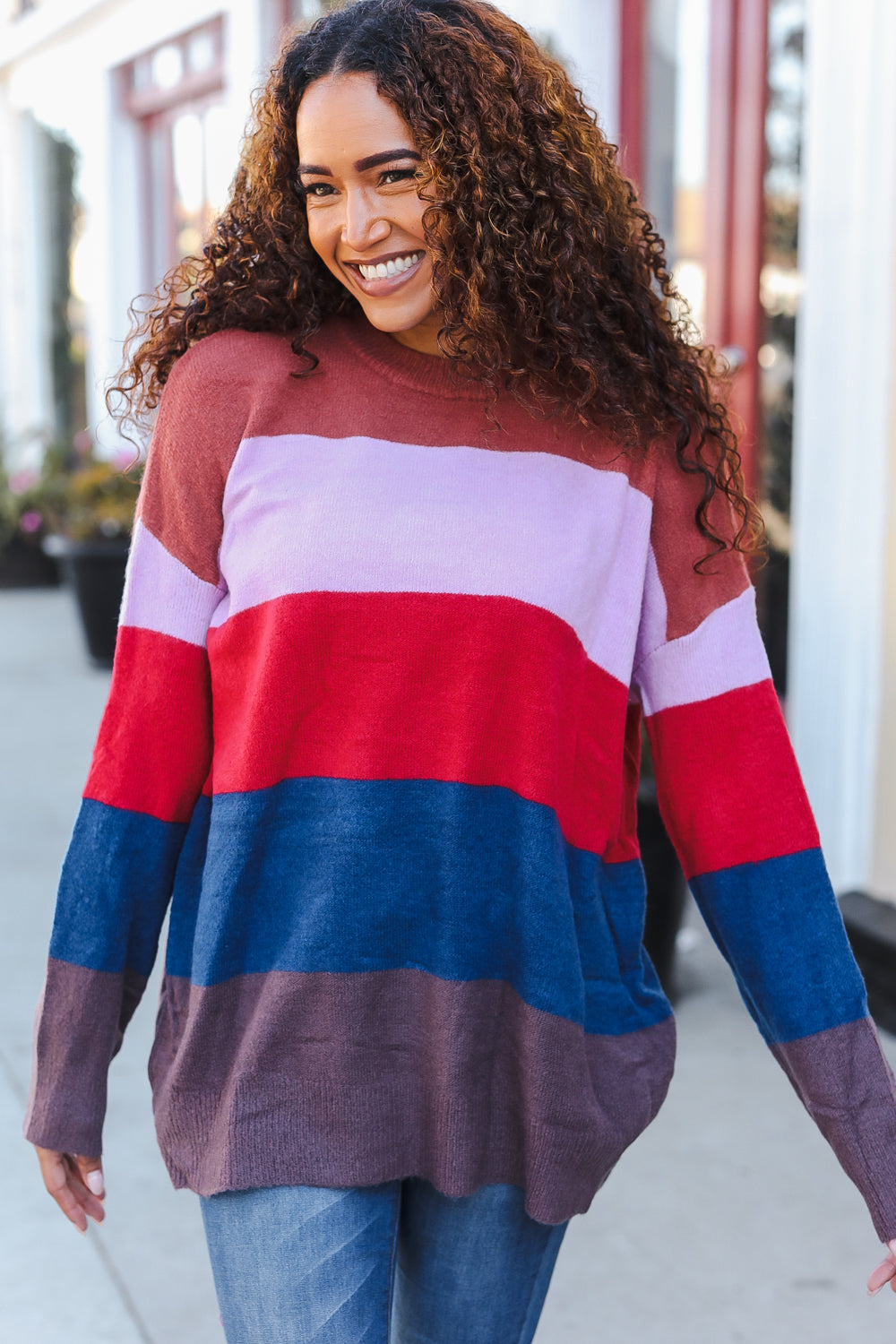 Lilac Multi Stripe Ribbed Knit Sweater Pullover for Women - Soft & Cozy Winter Fashion - Perfect for Casual Outfits, Office Wear & Date Nights