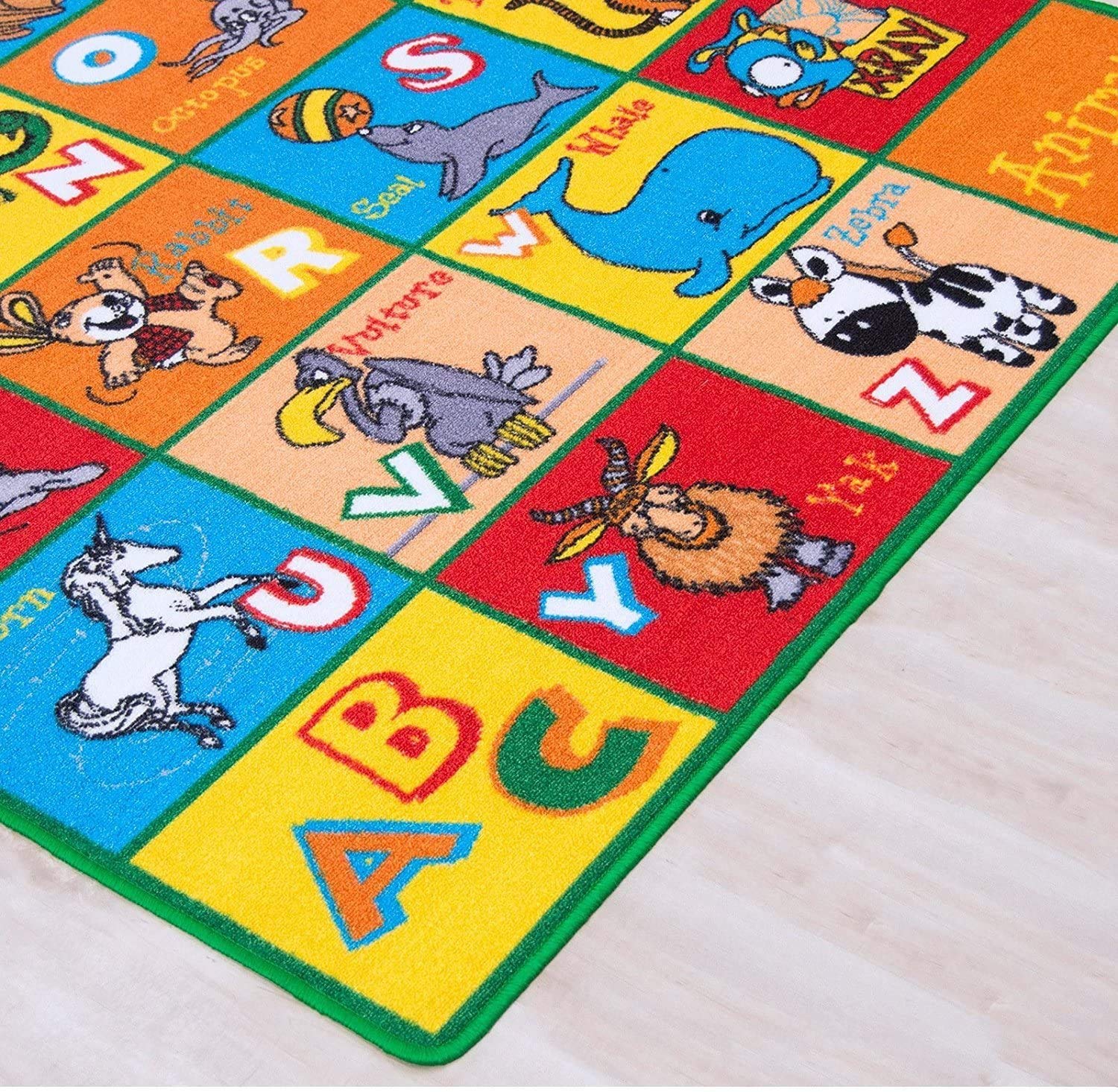 Non-Slip Alphabet Zoo Animals Kids Rug - 8x10 Feet Soft Playmat with Gel Backing for Nursery, Classroom & Playroom Floor Decor