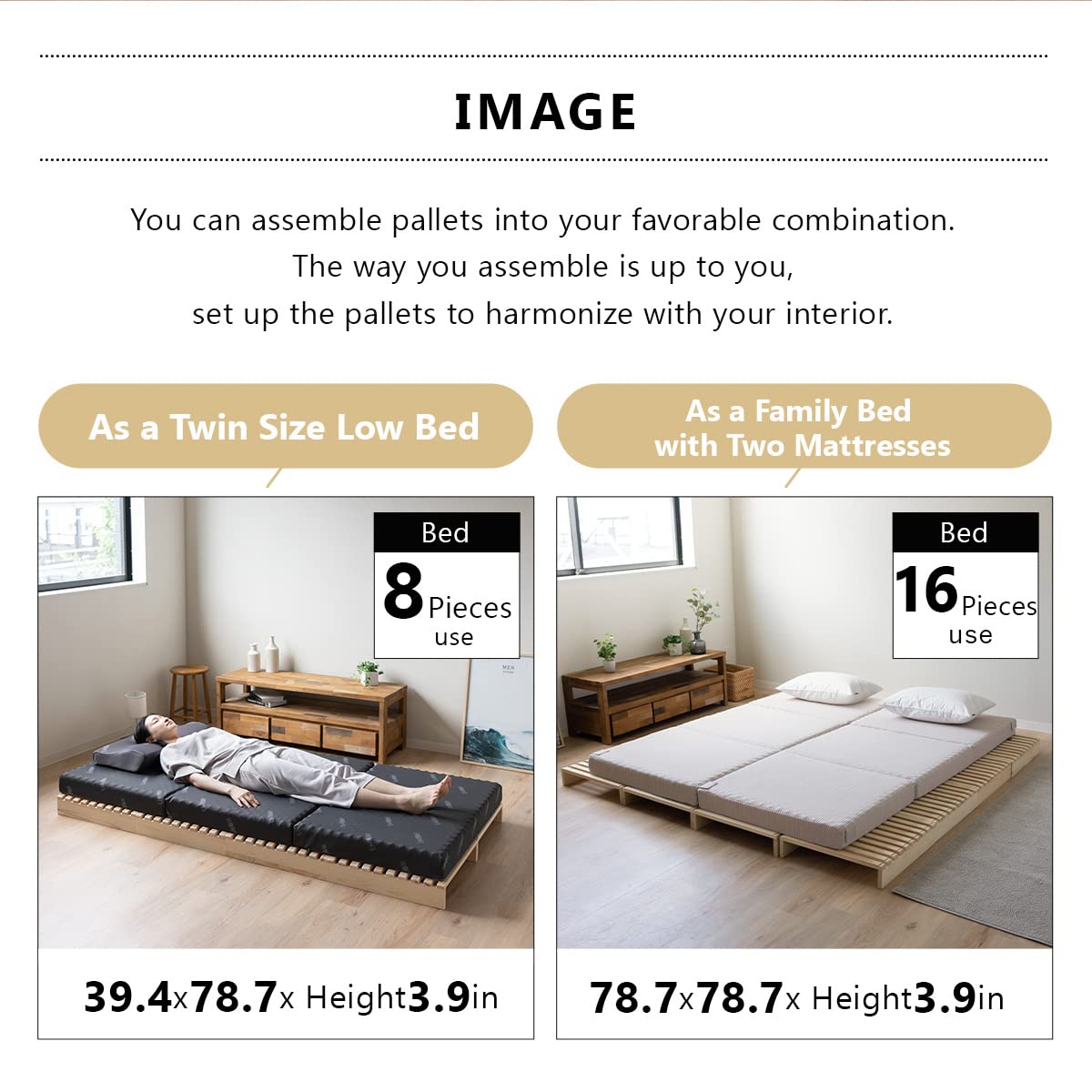 EMOOR 4-Piece Pine Wood Pallet Bed Slats for Japanese Futon Mattress - Natural Wood Floor Sleeping Support for Tatami Mat - Perfect for Minimalist & Space-Saving Bedroom Designs