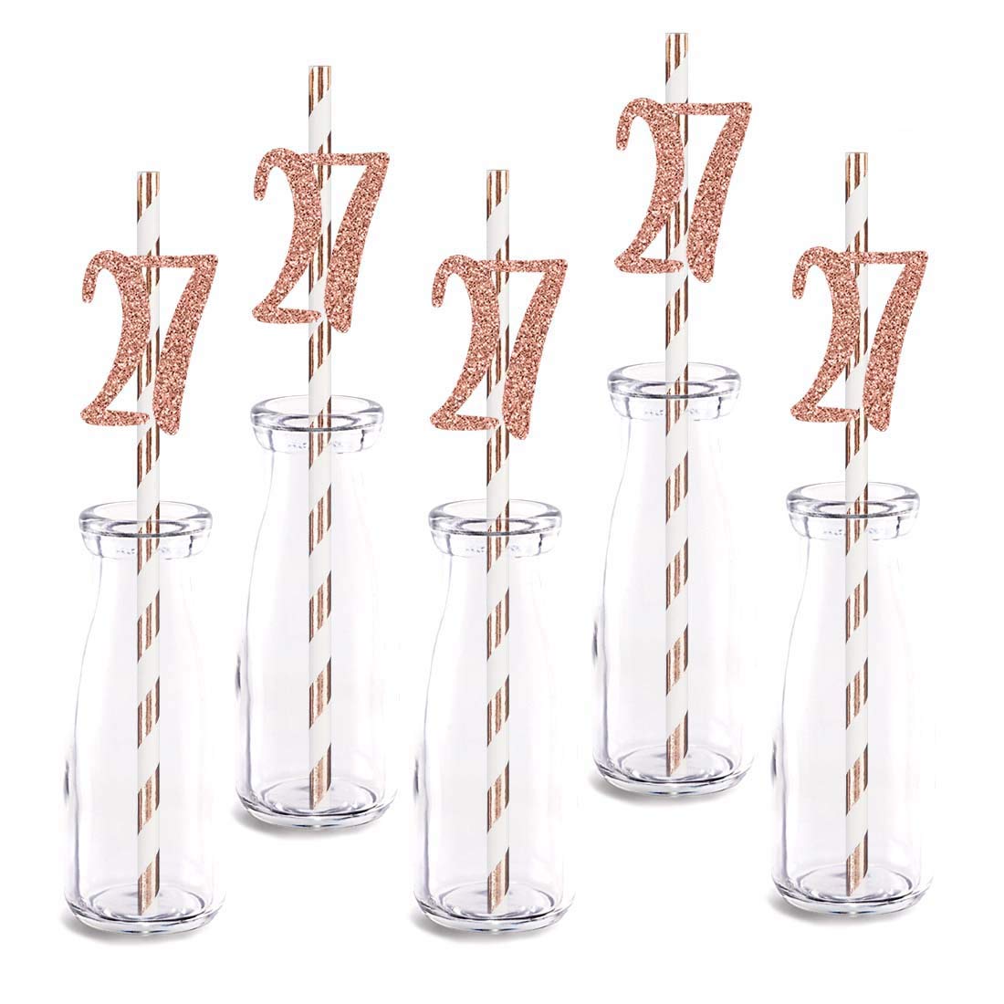 Rose Gold Glitter 27th Birthday Straw Decorations - 24pcs Cut-Out Number 27 Party Drinking Straws for Birthday Celebrations, Anniversaries & Special Events
