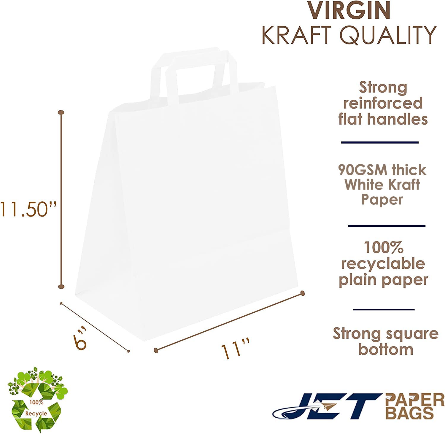 Premium White Kraft Paper Bags with Handles - 11”x6”x11.5” [400 Pcs] - Eco-Friendly Recyclable Takeout Bags for Grocery, Retail, Party Favors, Wedding Gifts & Goodie Bags - Perfect for Restaurants, Boutiques & Events